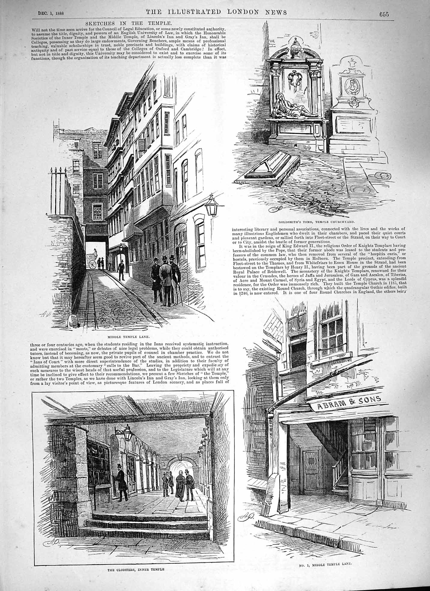 Original Old Antique Print 1888 Temple Lane Oliver Gsmith Tomb Church Fountain
