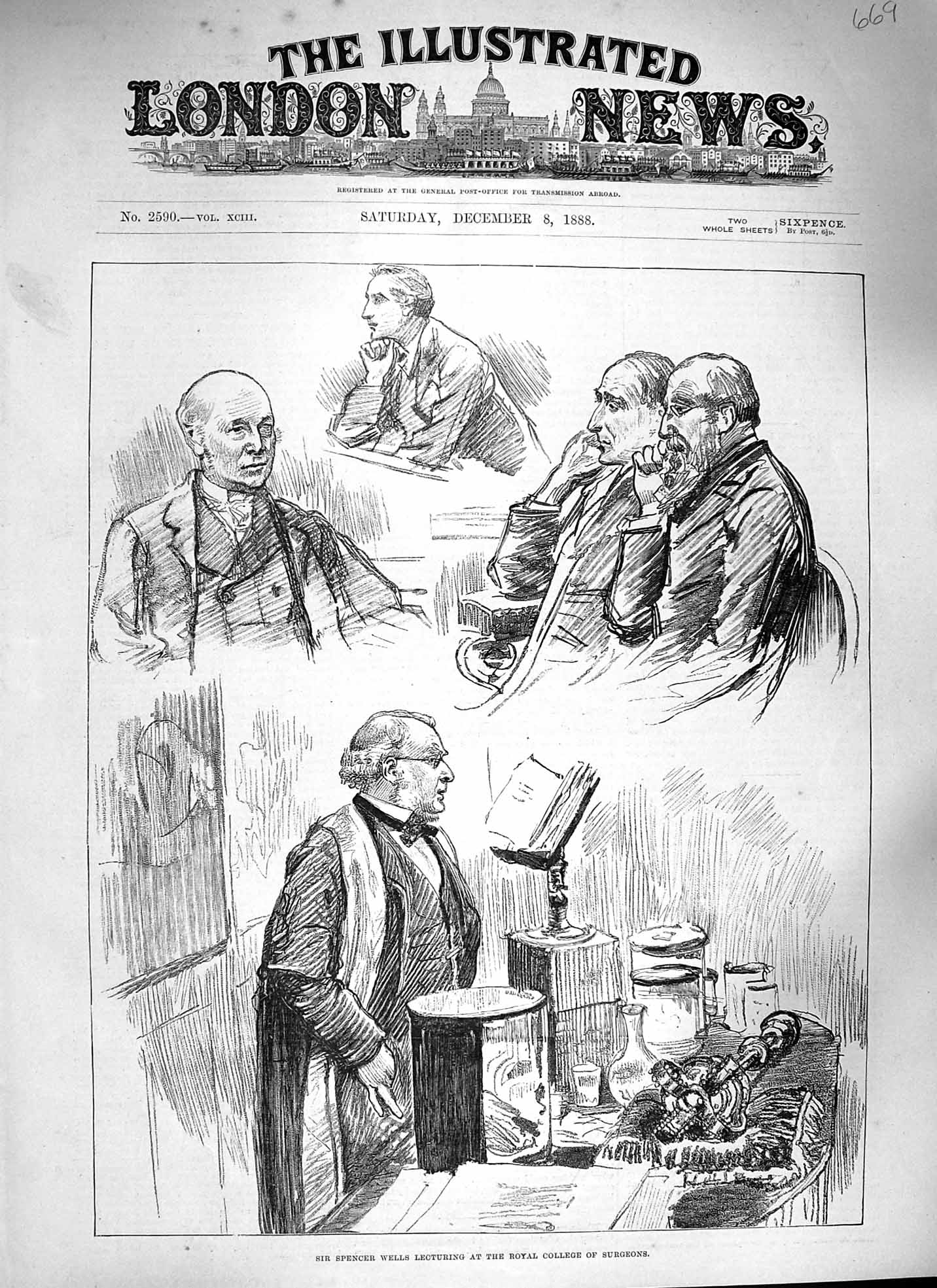 Original Old Antique Print 1888 Spencer Wells Lecturing Royal College Surgeons