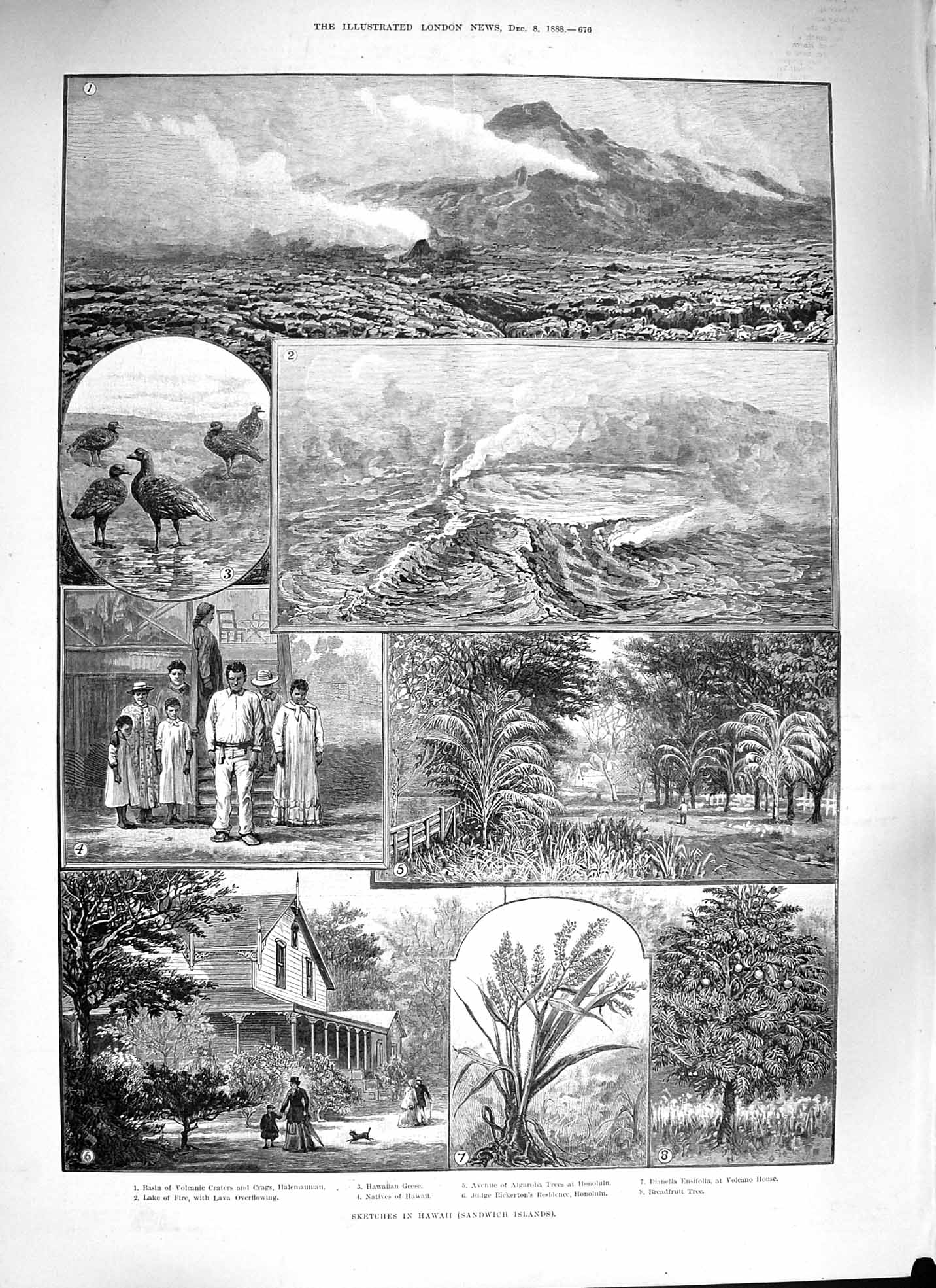 Old Antique Print 1888 Hawaii Sandwich Islands Volcano Bickerton Honolulu 19th