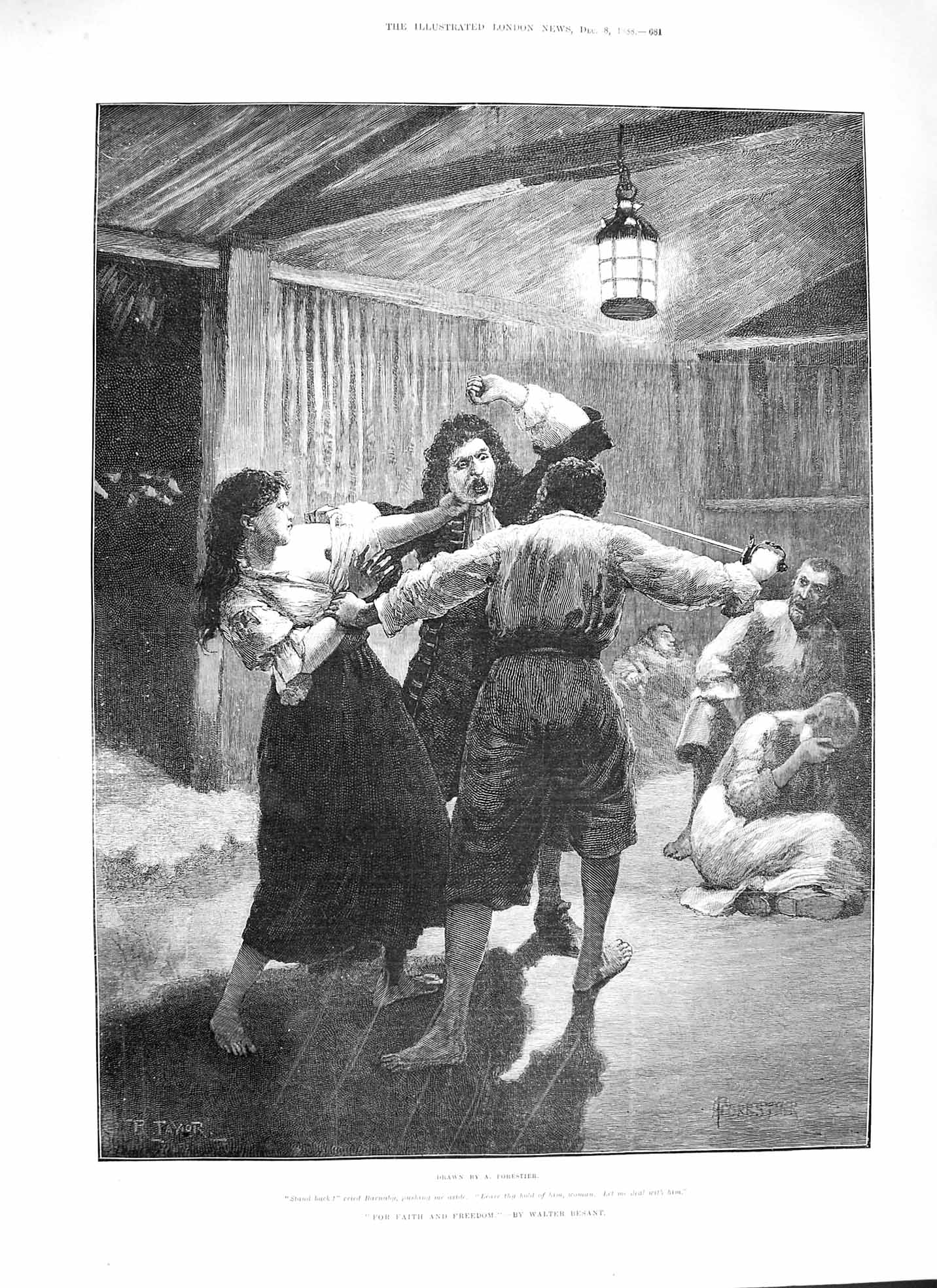Original Old Antique Print 1888 Faith And Freedom Men Fighting Sword Besant