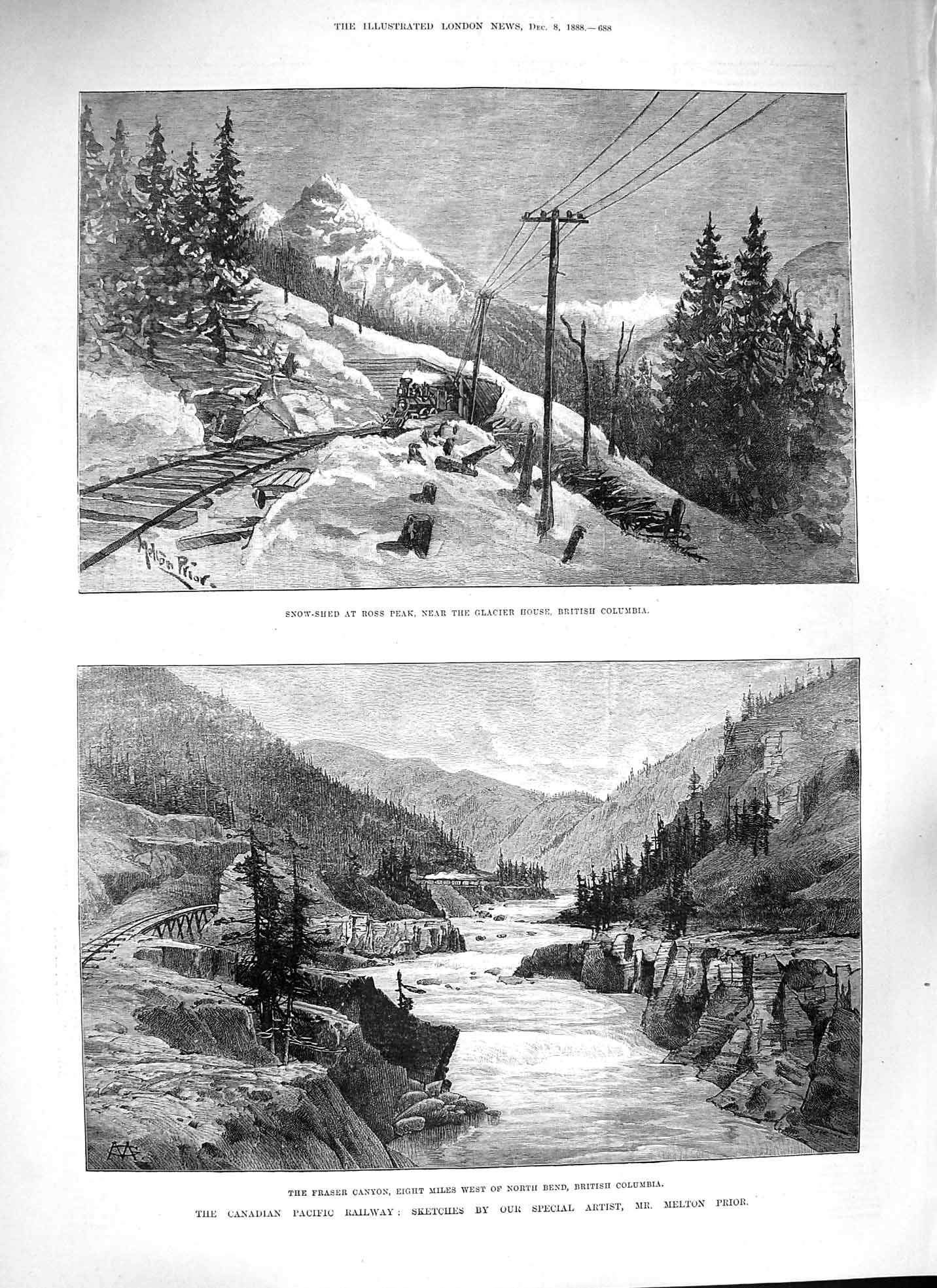 Old Antique Print 1888 Canada Pacific Railway Fraser Canyon Snow Glacier 19th