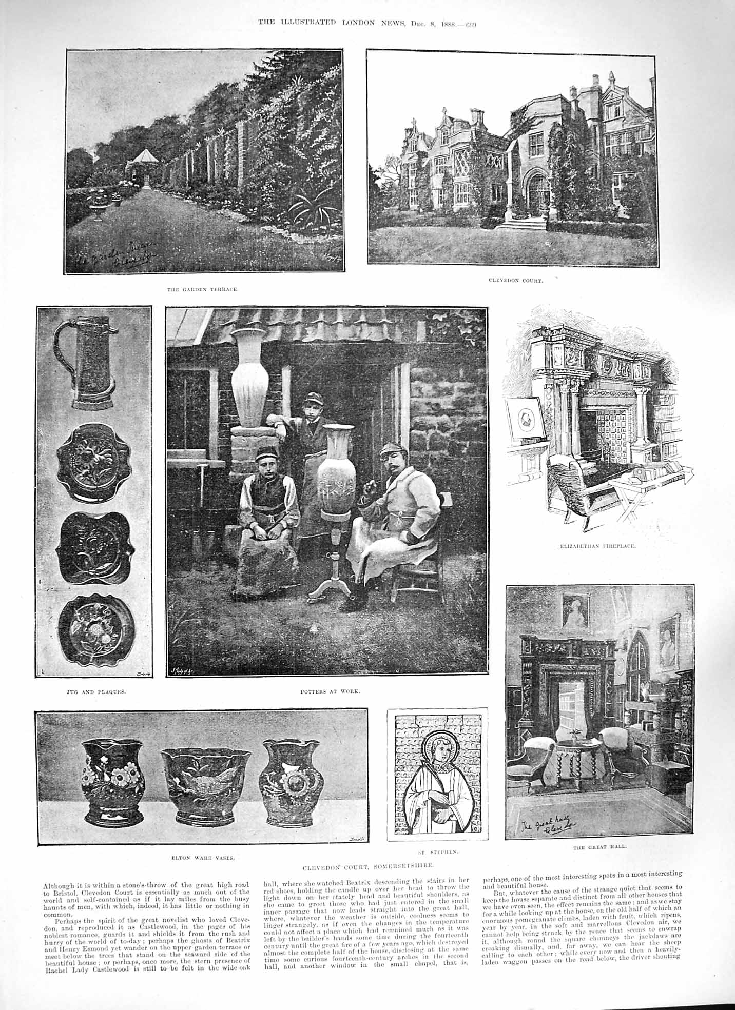 Old Antique Print 1888 Clevedon Court Somersetshire Potters Stephen Elton 19th