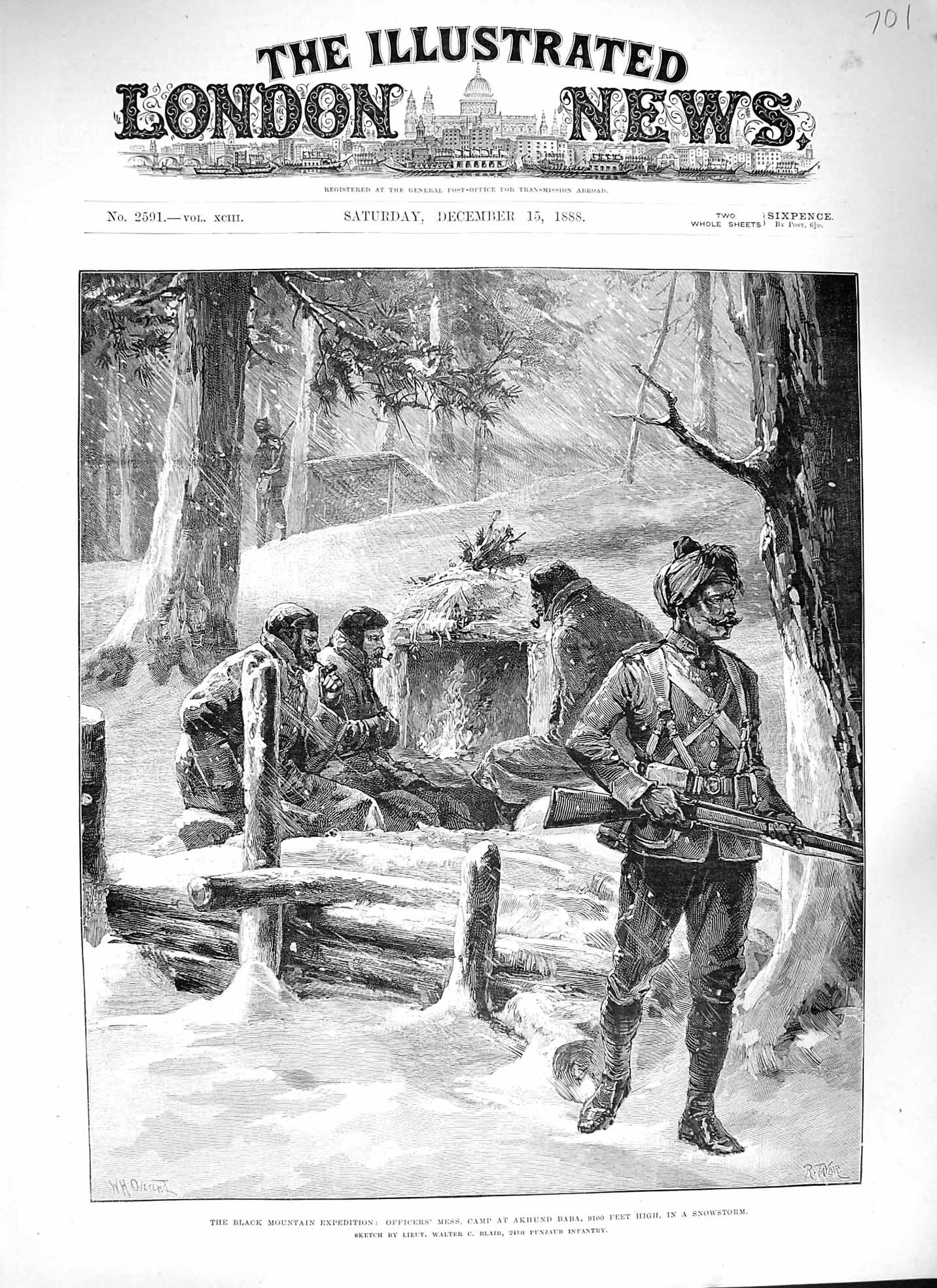 Original Old Antique Print 1888 Black Mountain Expedition Camp Akhund Baba Snow