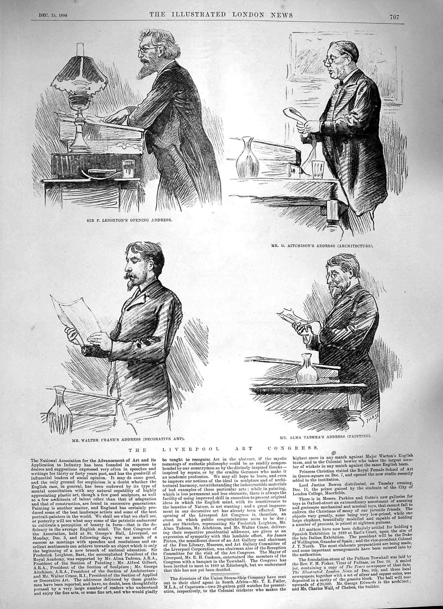 Old Antique Print 1888 Liverpool Art Congress Alma Tadema Crane Leighton 19th