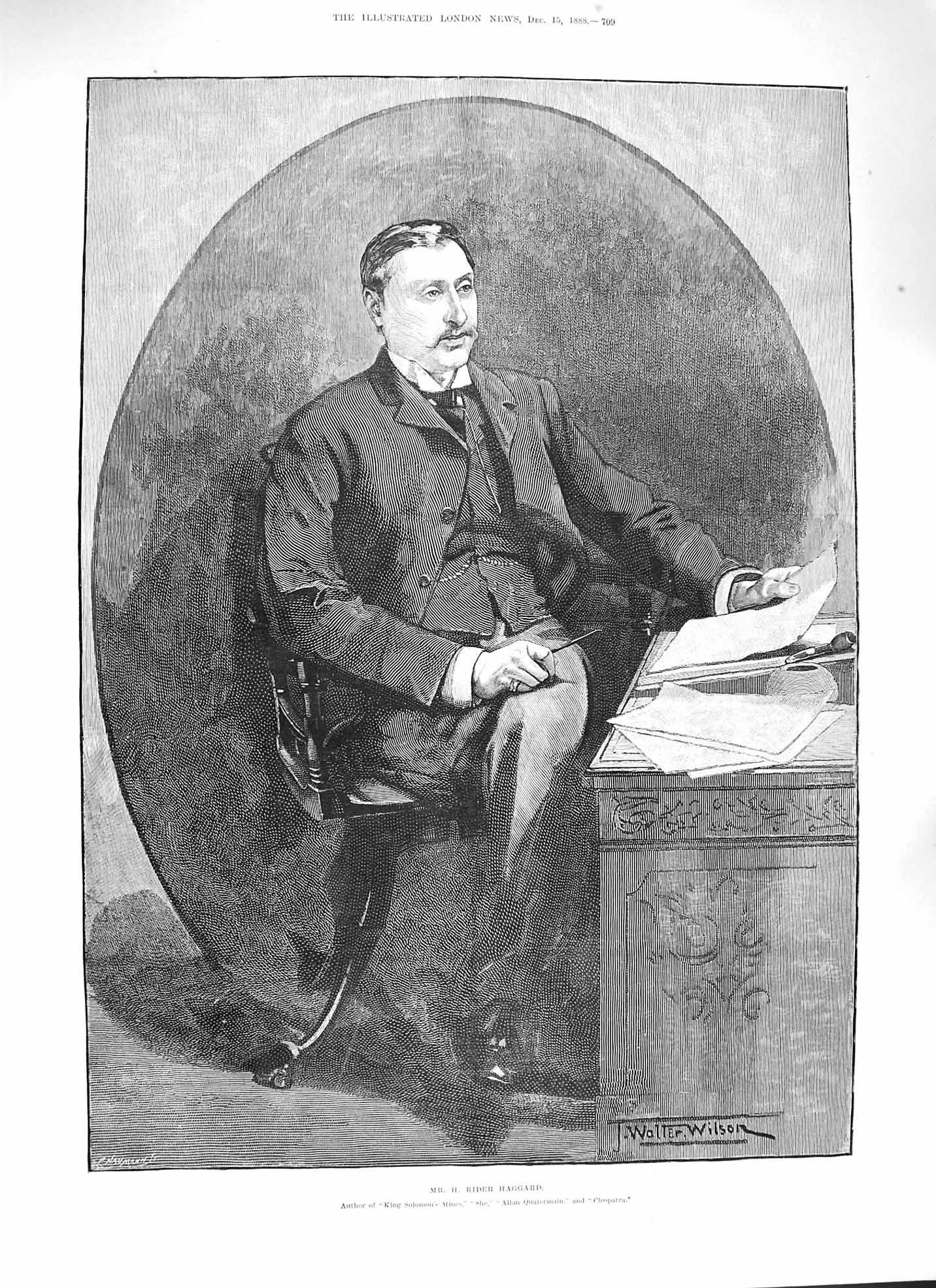 Original Old Antique Print 1888 Portrait Mr. H. Rider Haggard Author Victorian