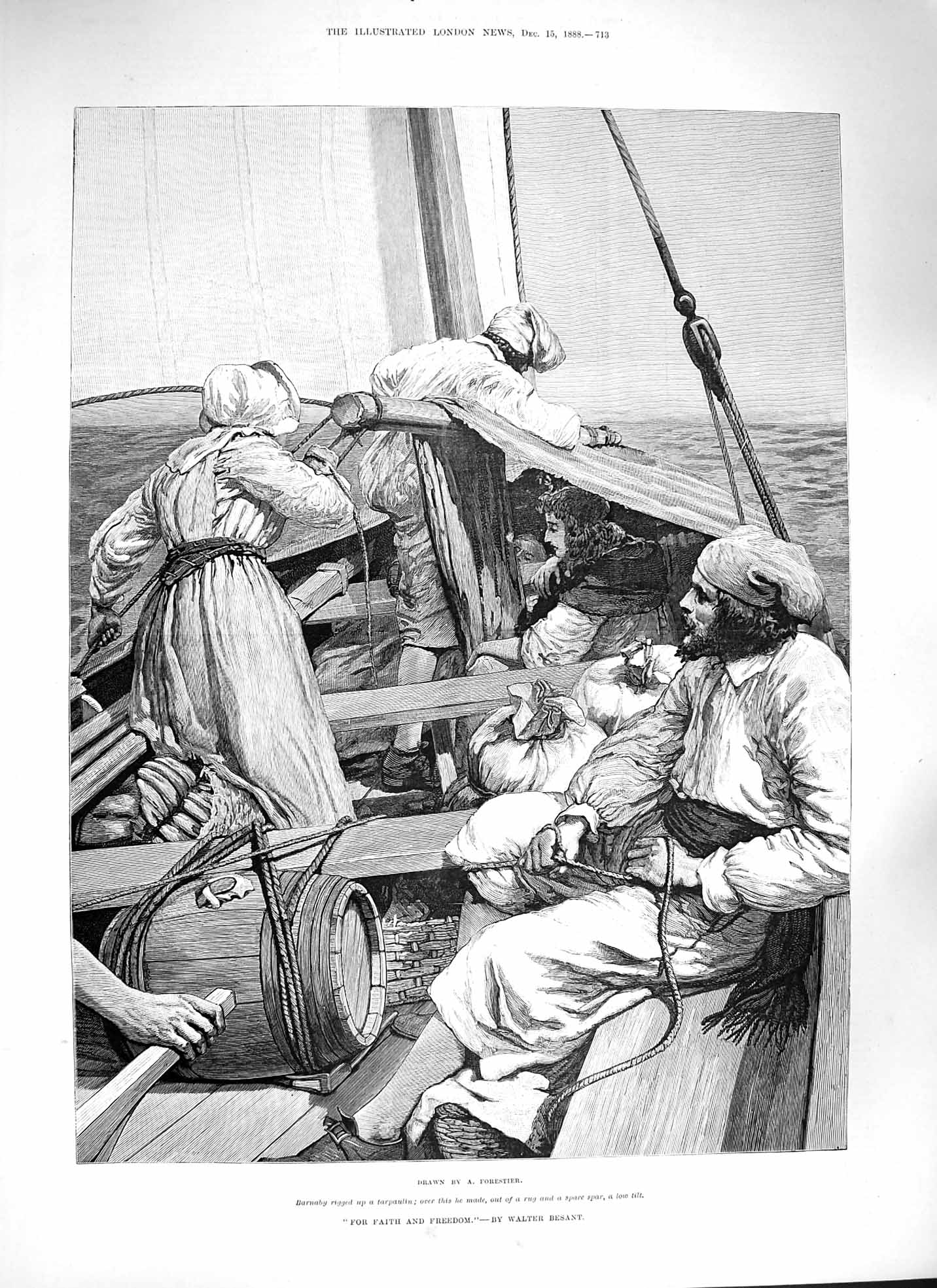 Original Old Antique Print 1888 Faith Freedom Barnaby Sailing Sea Boat Fine Art
