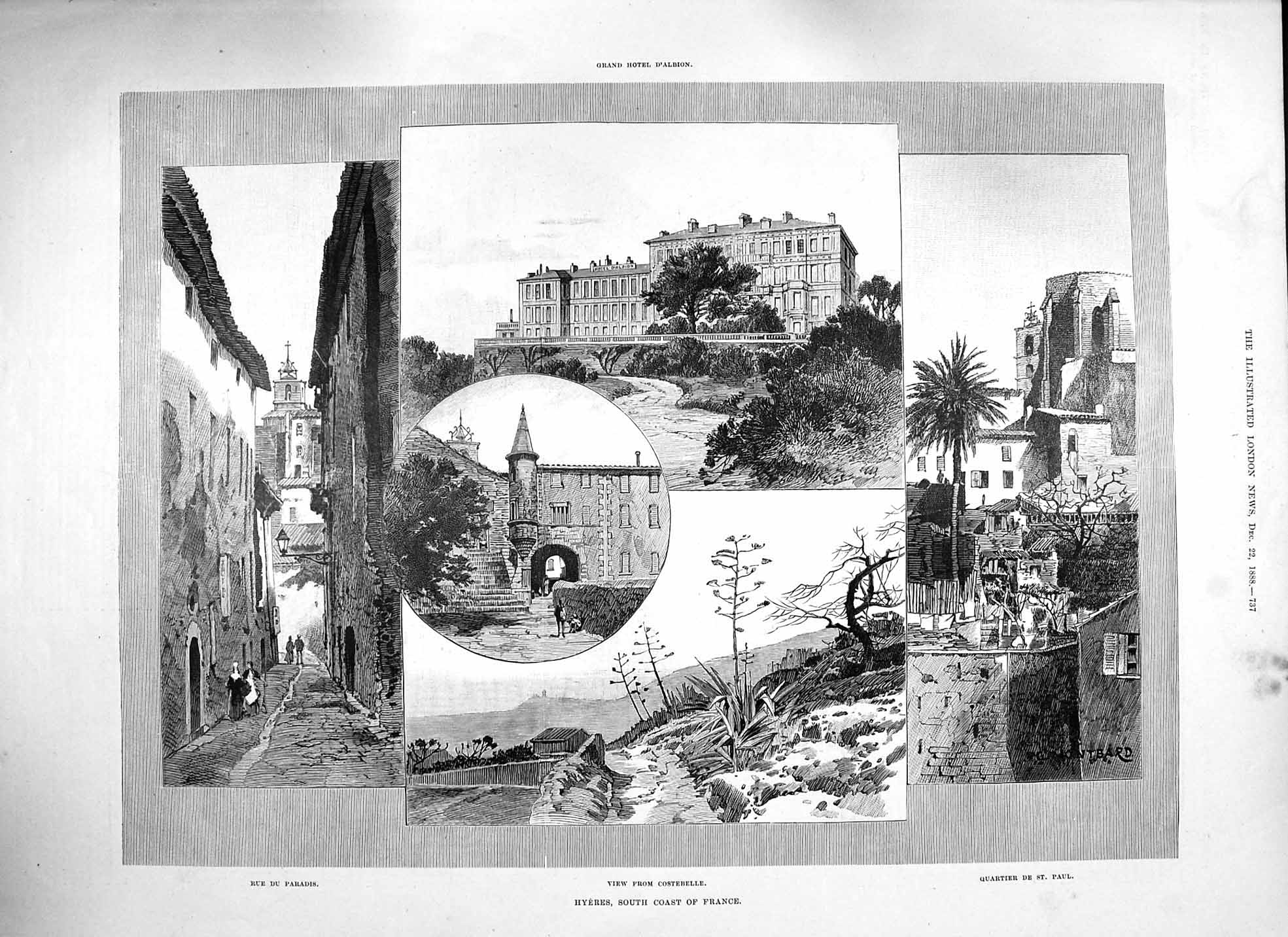 Original Old Antique Print 1888 Hyeres France Quartier St. Paul Rue Du Paradis