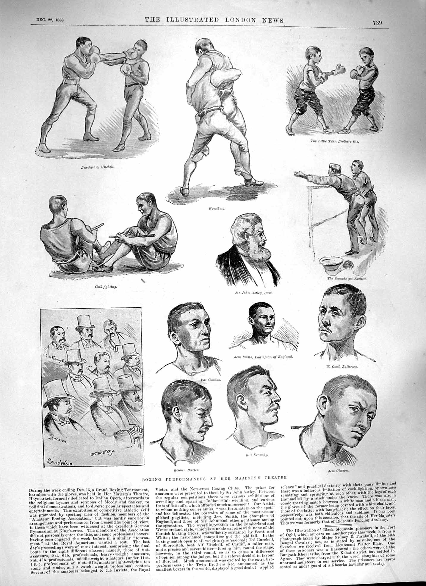 Old Antique Print 1888 Boxing Majesty Theatre Astley Baxter Kennedy Sport 19th