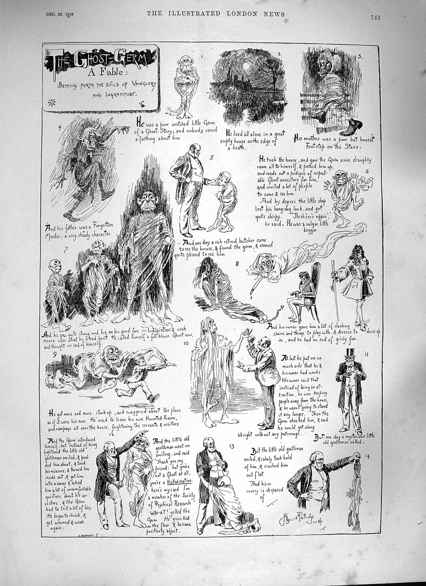 Original Old Antique Print 1888 Ghost Germ Fable Story Evils Vainglory Comedy