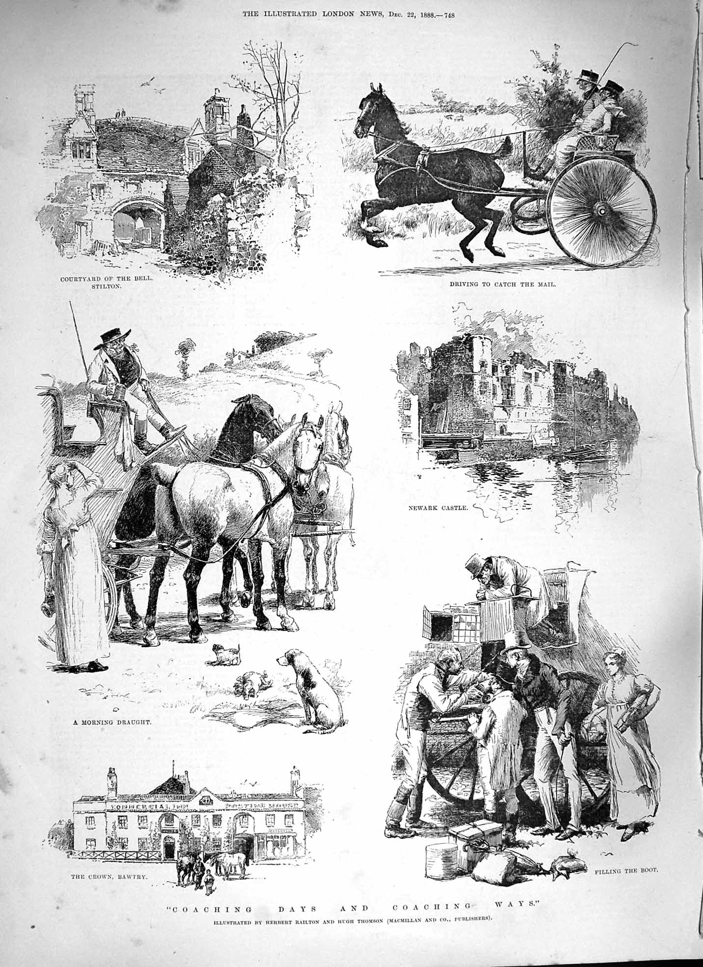 Original Old Antique Print 1888 Coaching Transport Newark Castle Bell Stilton