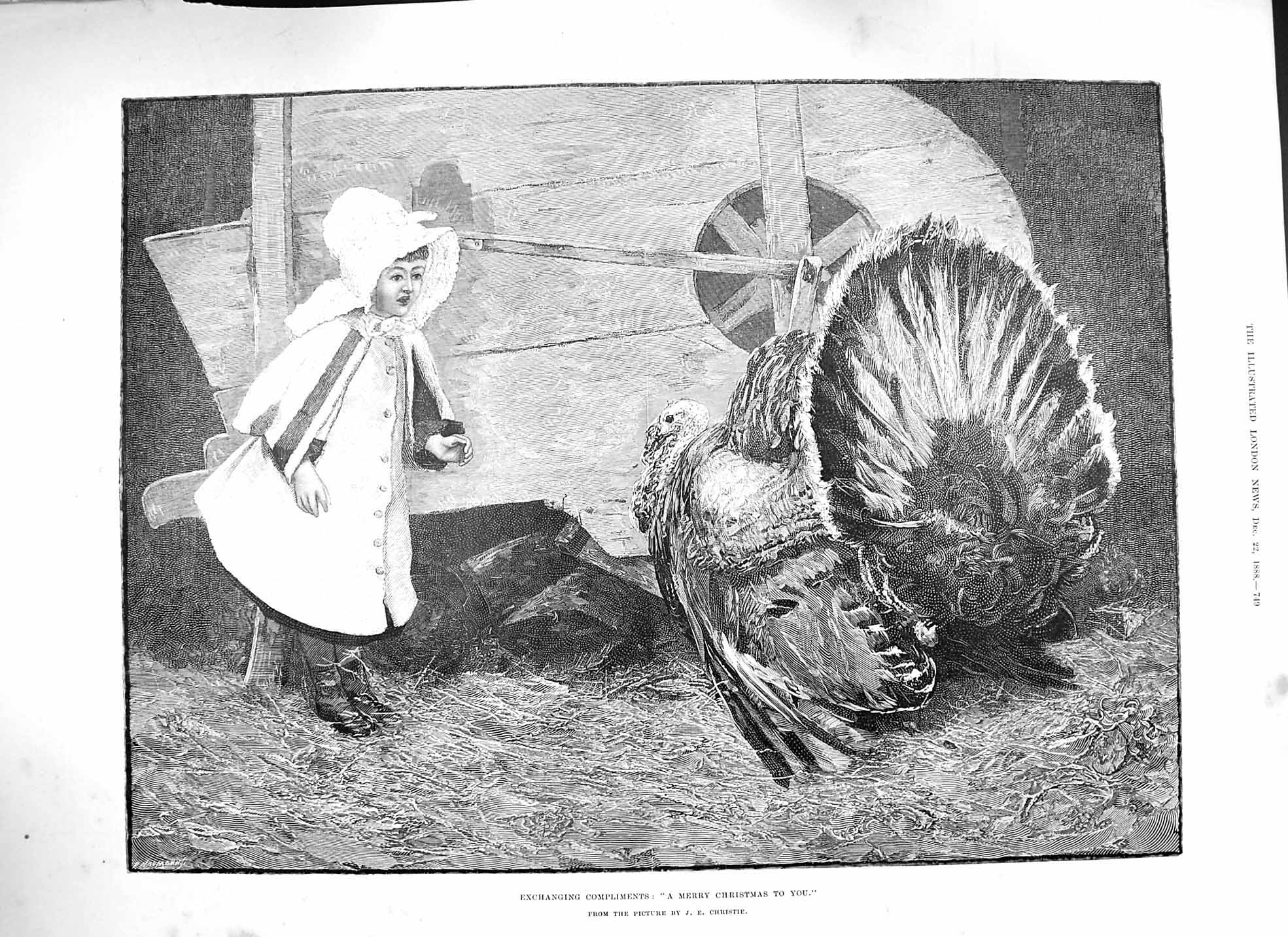 Original Old Antique Print 1888 Merry Christmas Turkey Little Girl Fine Art