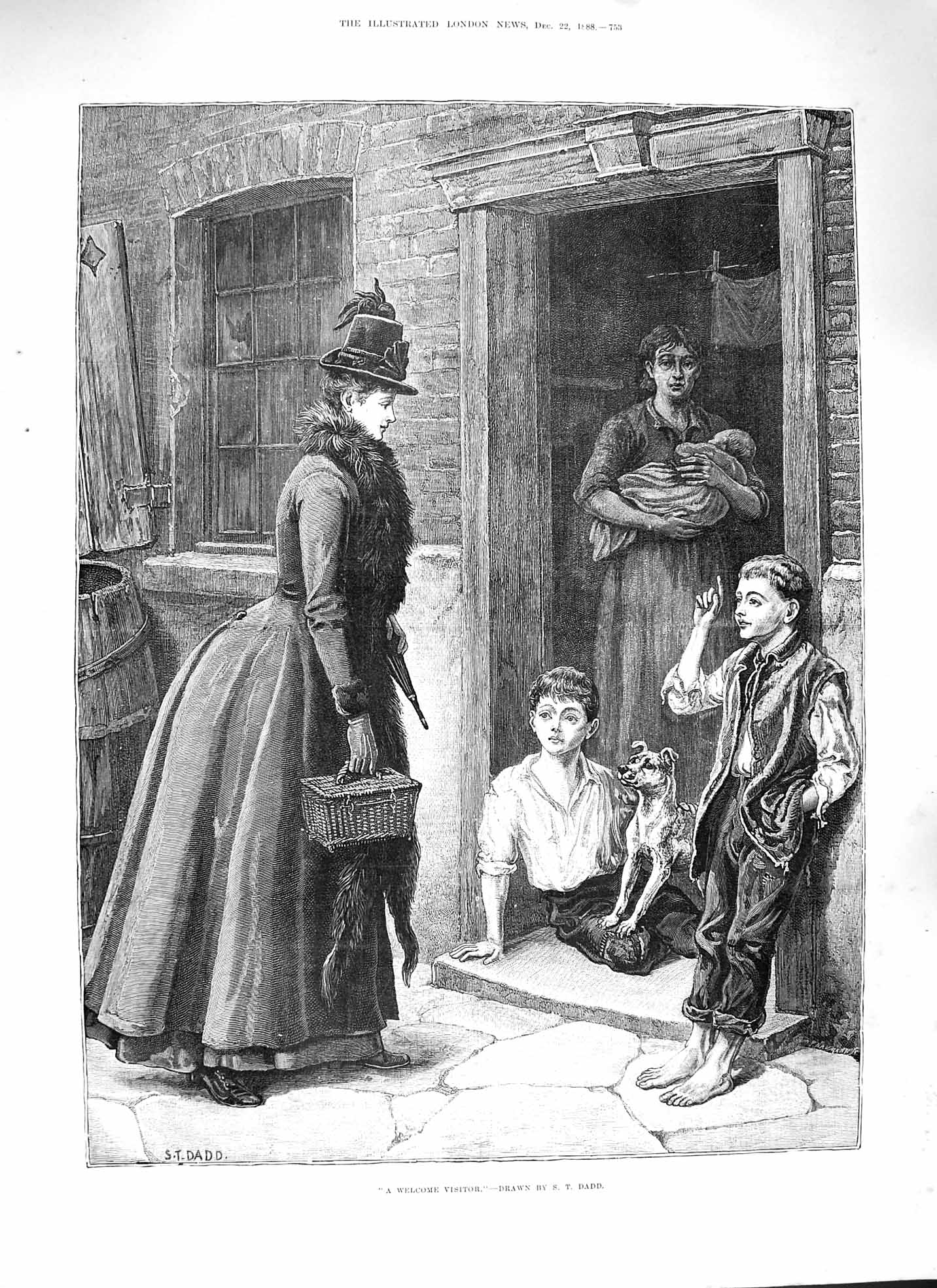 Original Old Antique Print 1888 Welcome Visitor Rich Lady Children Dog Family