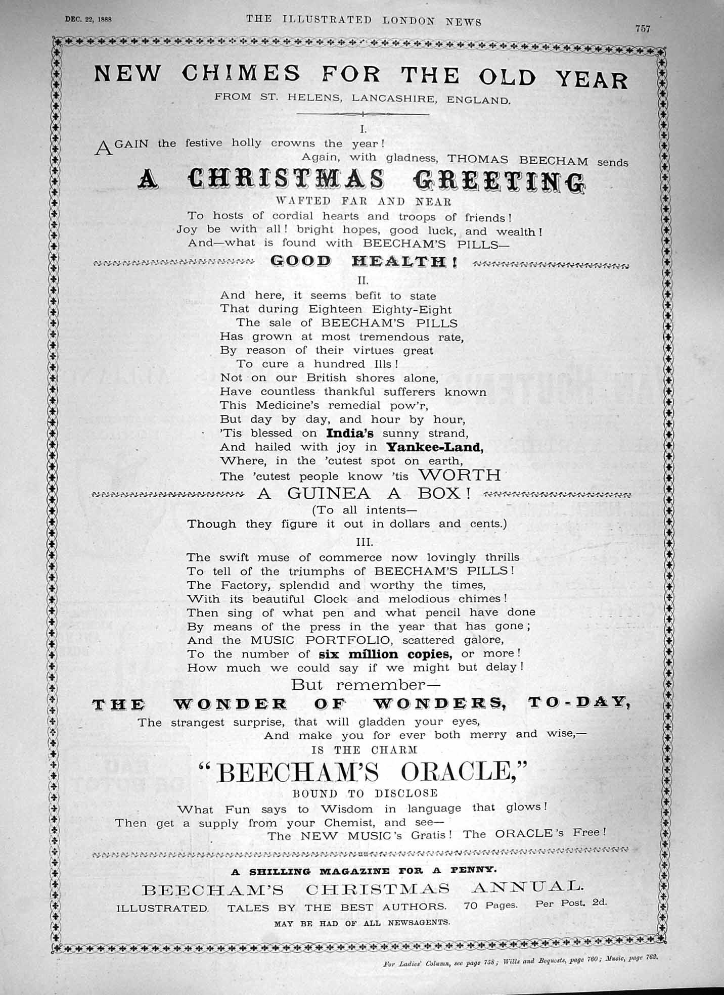 Old Antique Print 1888 Advertisement Beechams Oracle Christmas Greeting 19th