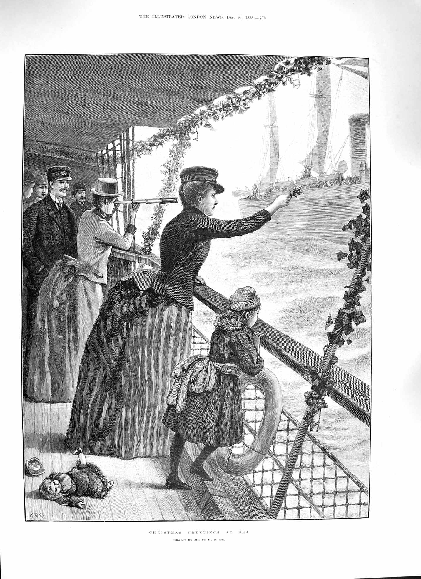 Old Antique Print 1888 Christmas Greeting Sea Family Ship Price Fine Art 19th