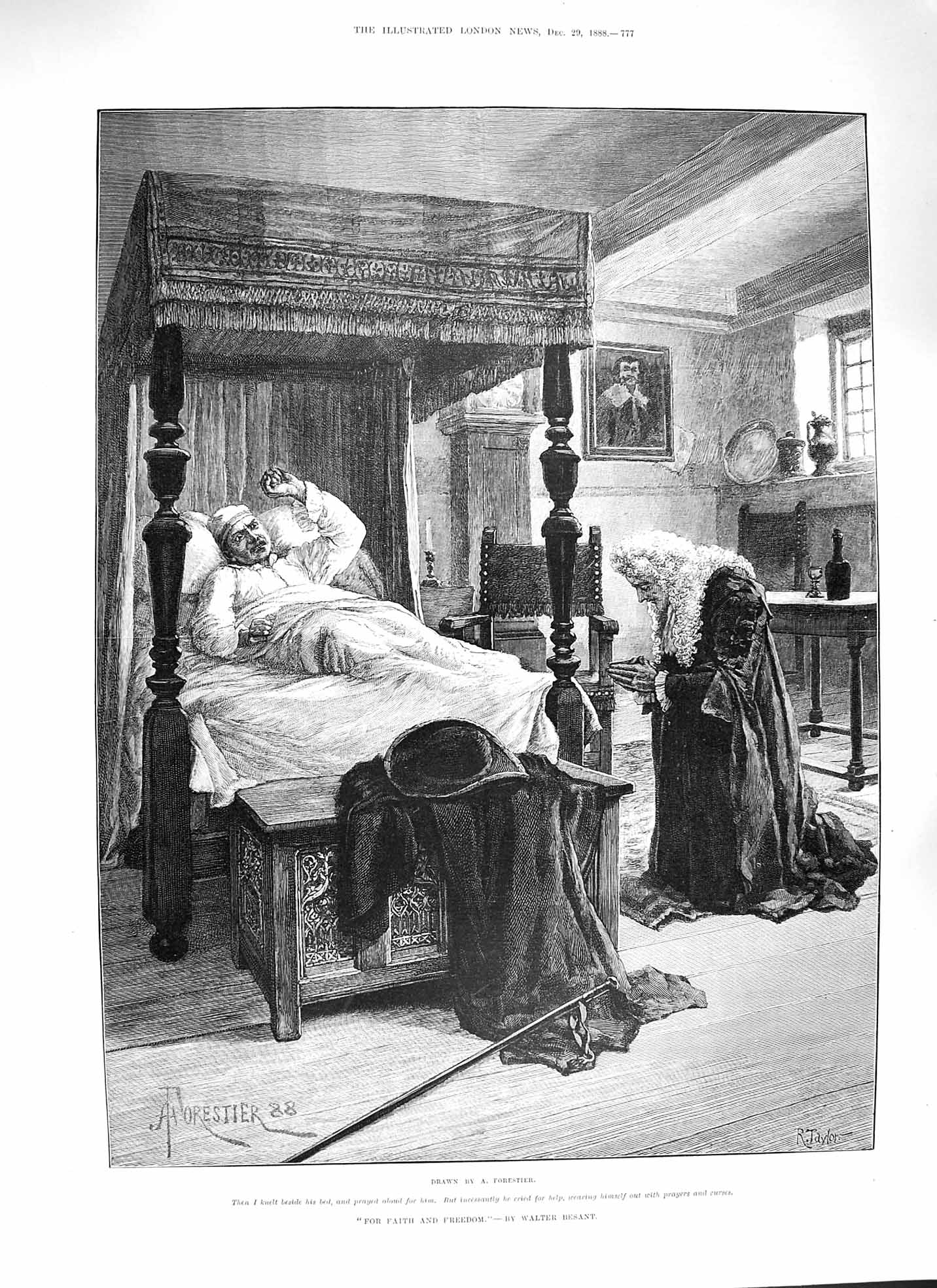 Old Antique Print 1888 Sick Man Bed Prayers For Faith And Freedom Besant 19th