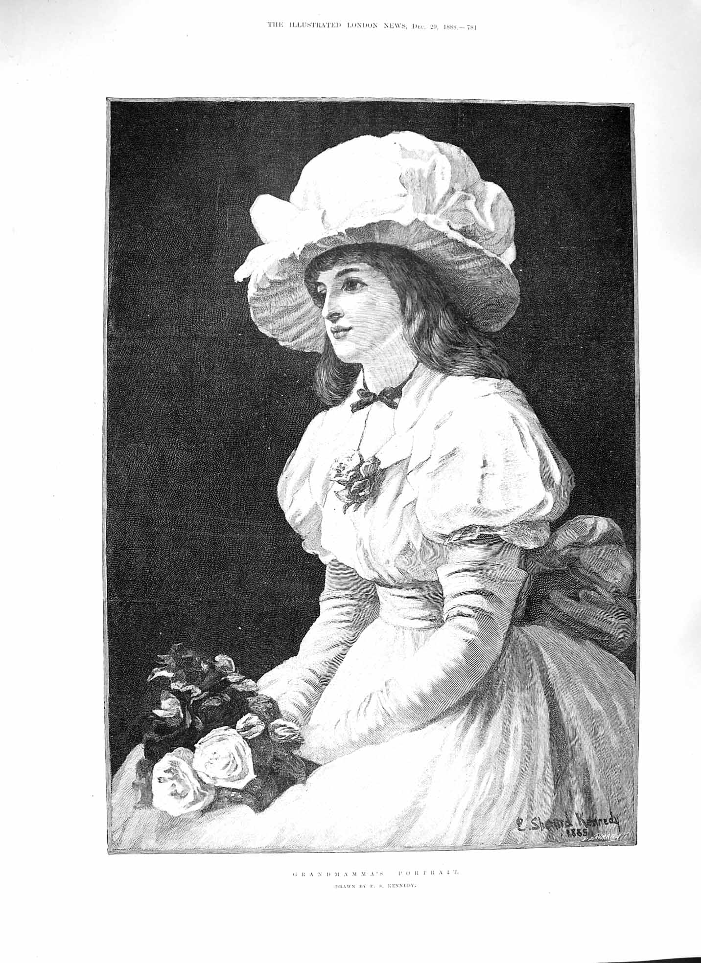 Original Old Antique Print 1888 Grandmamma'S Portrait Young Woman Fine Art 19th