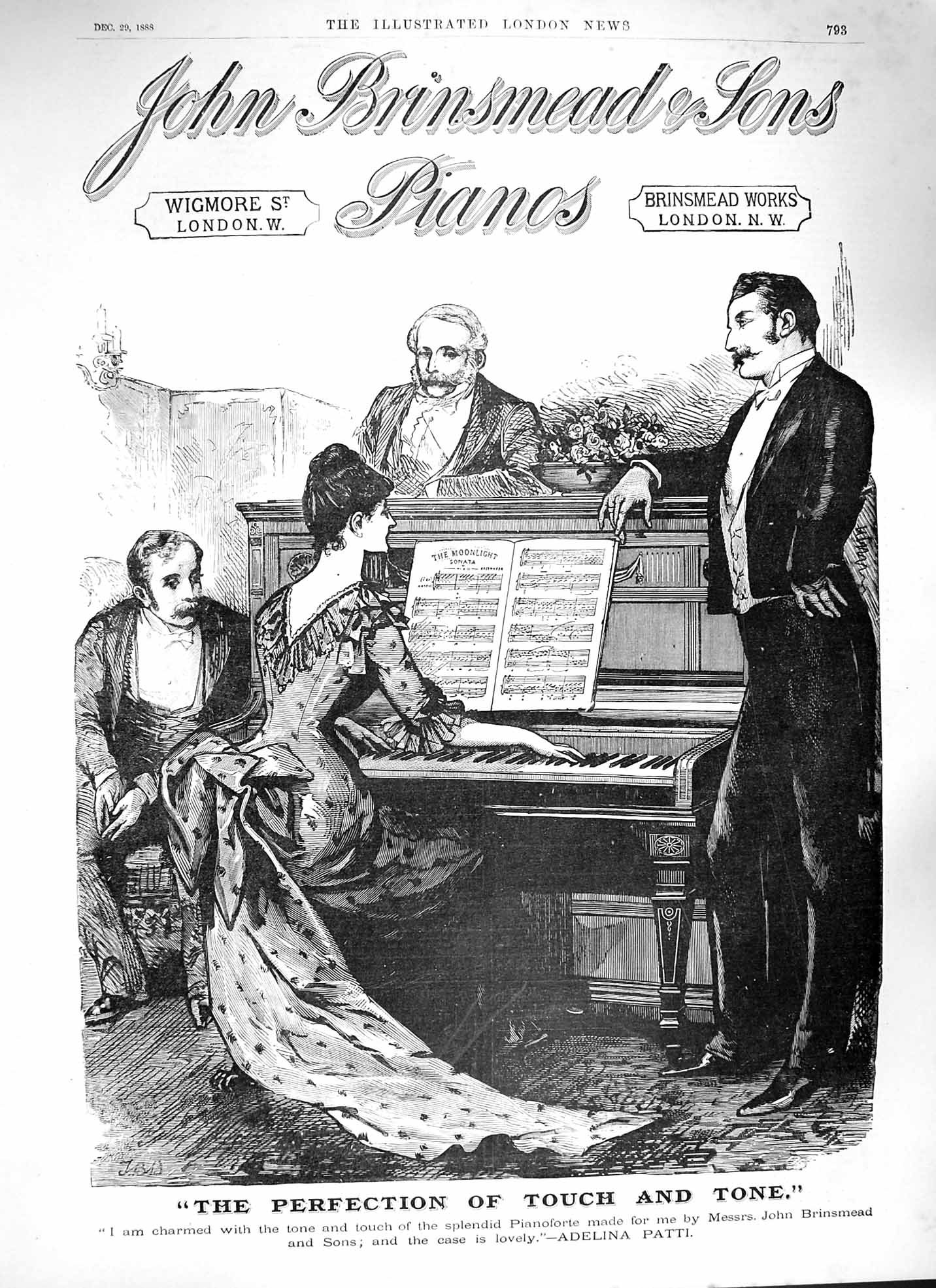 Original Old Antique Print 1888 Advertisement John Brinsmead Sons Pianos London