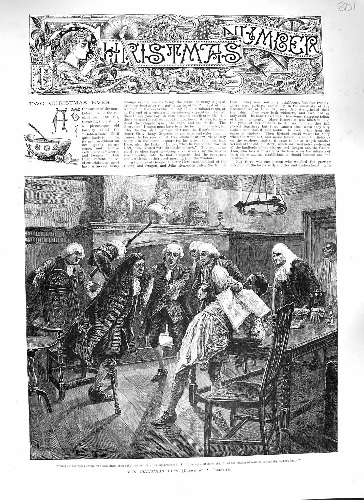 Original Old Antique Print 1888 Christmas Scene Men Fighting Forestier Fine Art