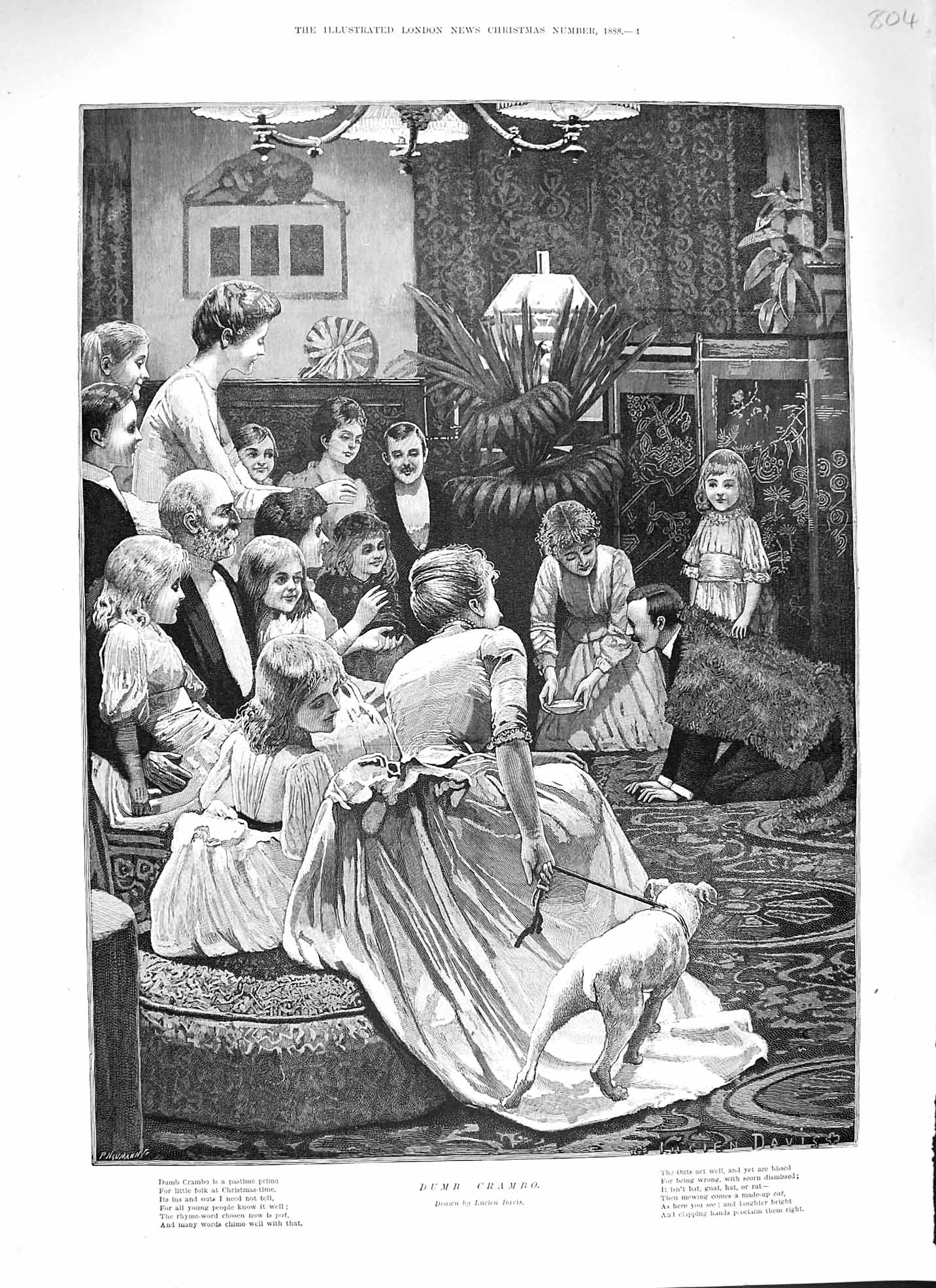Old Antique Print 1888 Dumb Crambo Family Pet Dog Lucien Davies Fine Art 19th