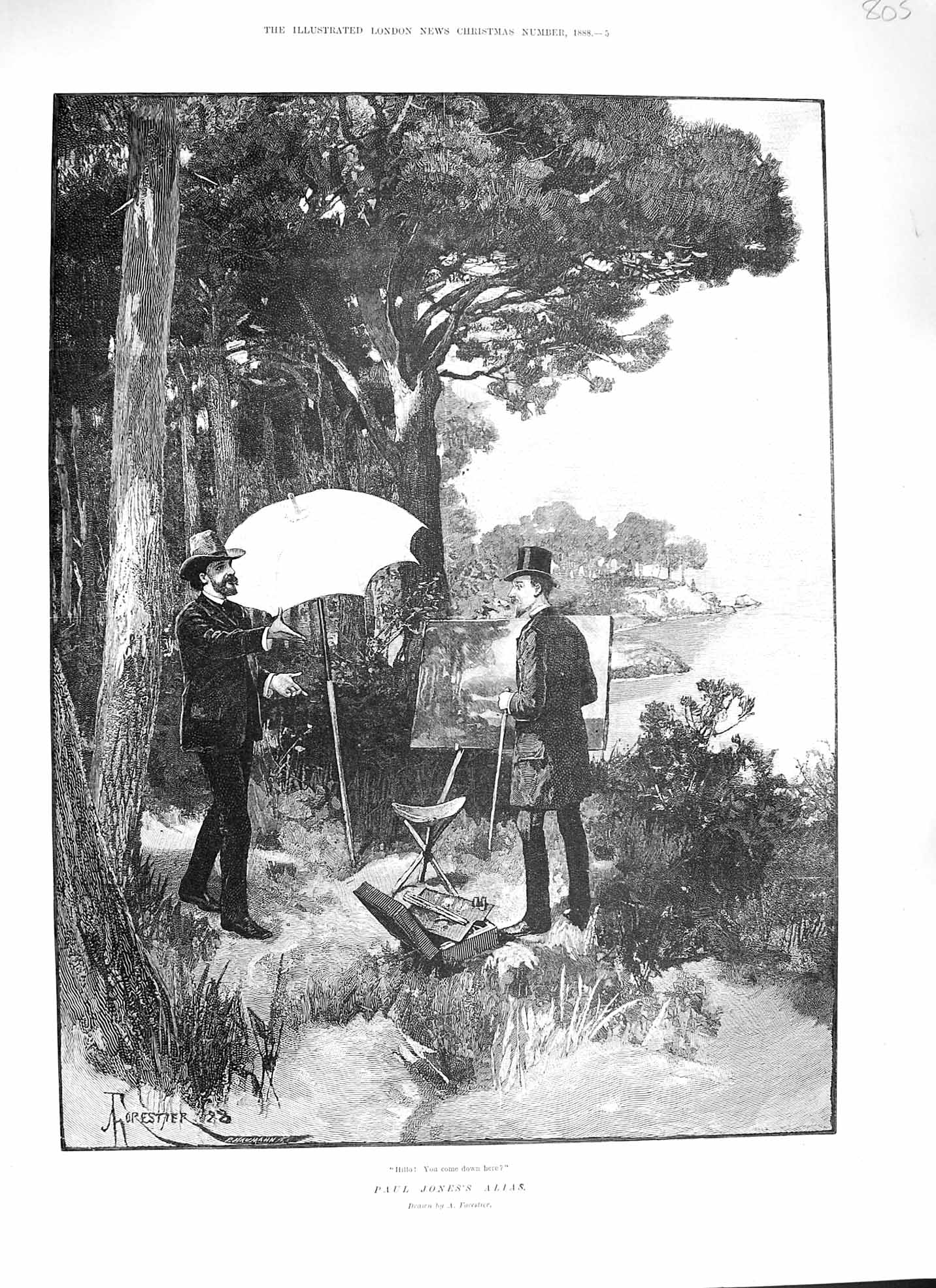 Original Old Antique Print 1888 Pauljones Alias Man Artist Painting Countryside