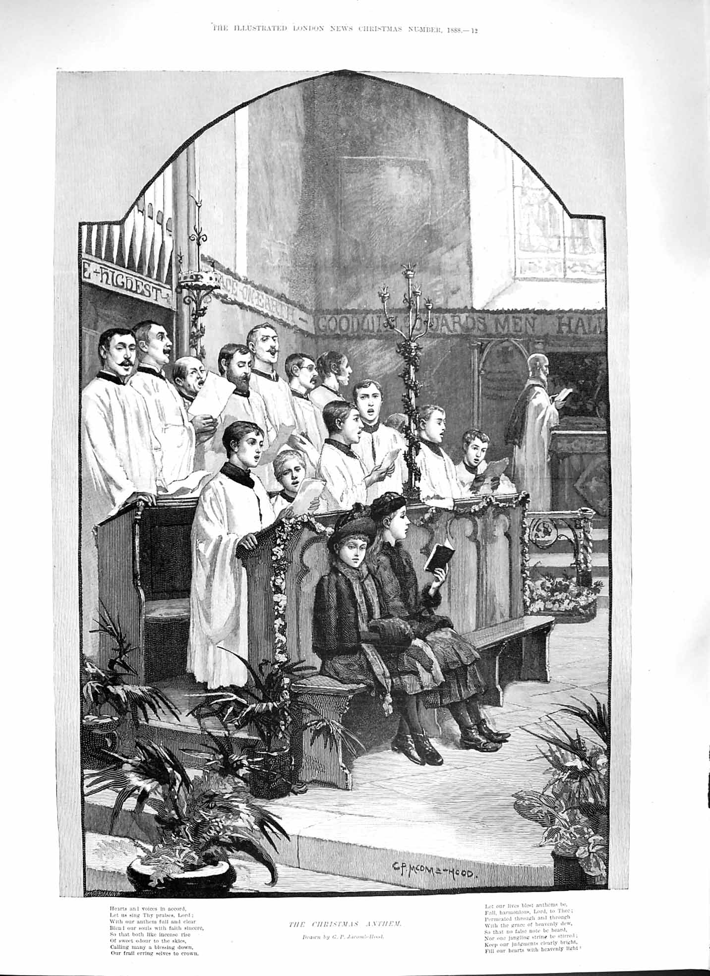Old Antique Print 1888 Christmas Anthem Children Choir Singing Fine Art 19th