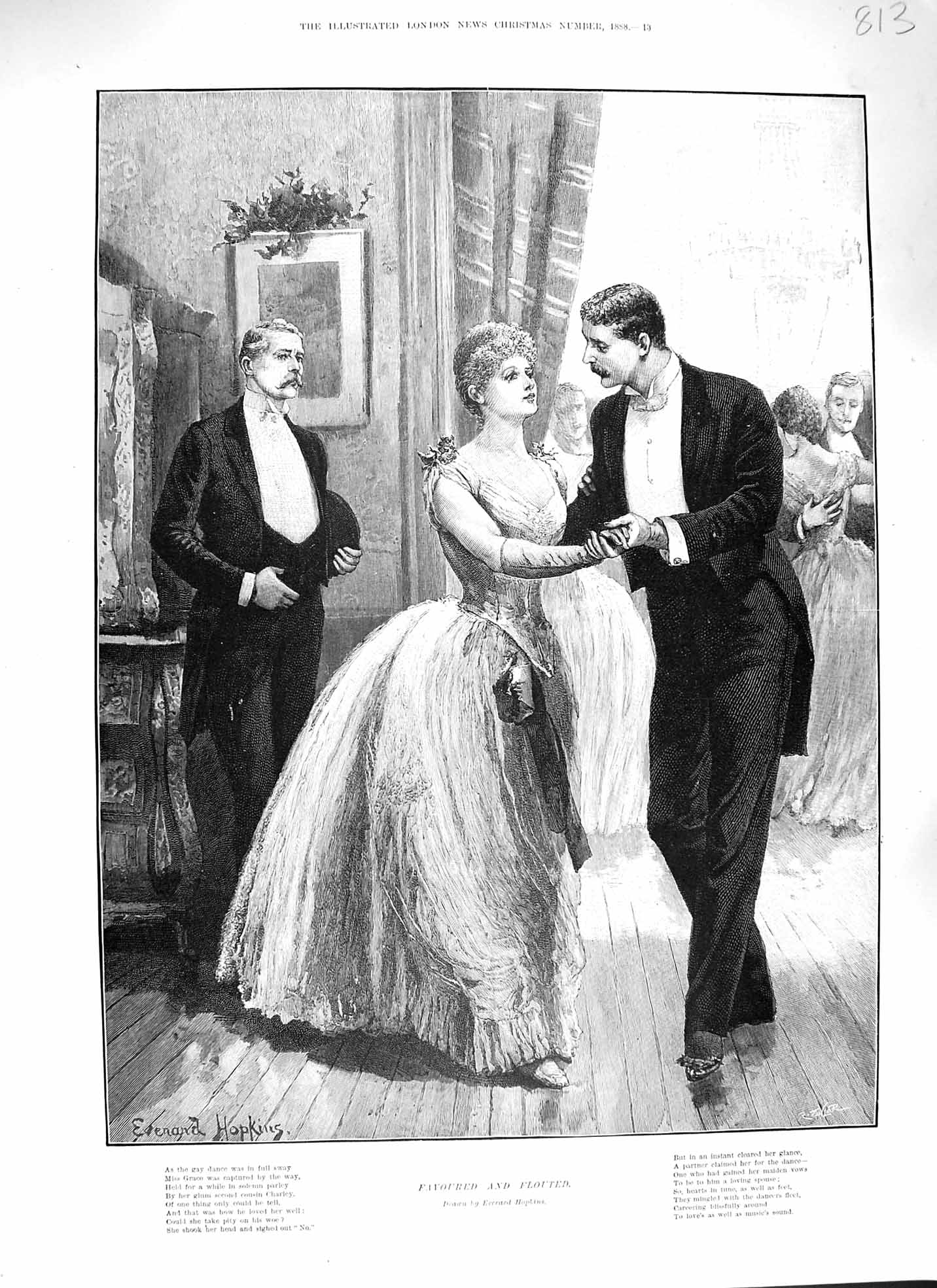 Original Old Antique Print 1888 Men Ladies Romance Dancing Hopkins Fine Art