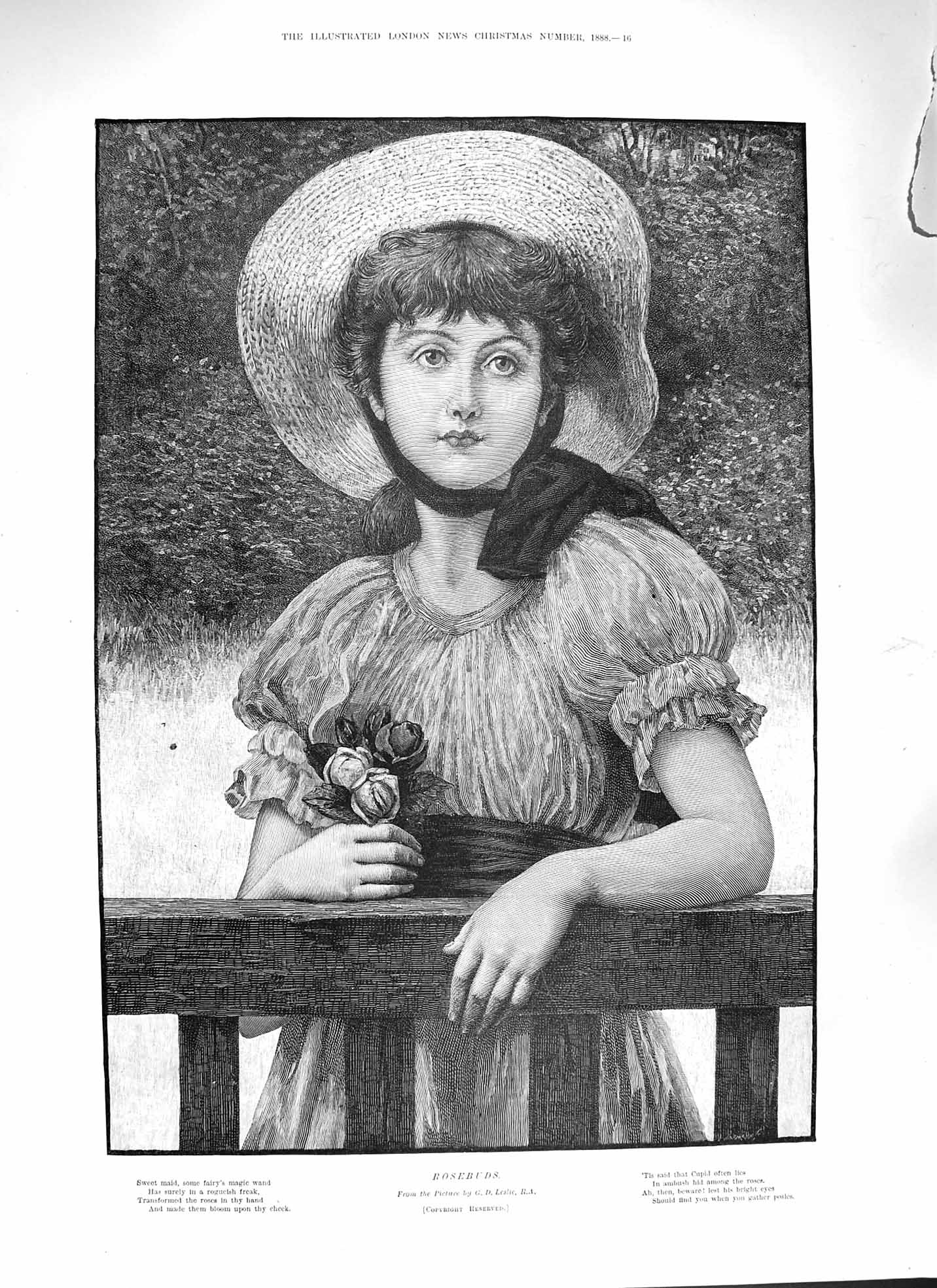 Original Old Antique Print 1888 Rosebuds Beautiful Young Girl Flowers Fine Art