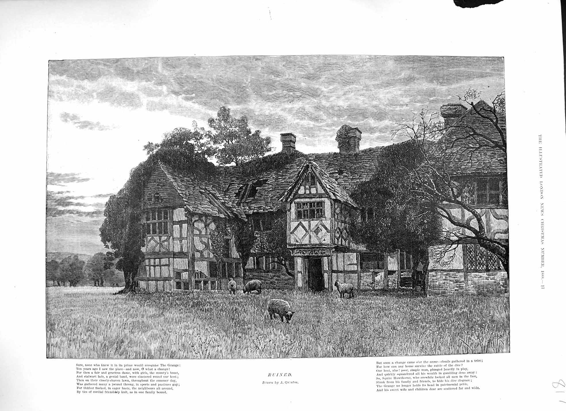 Original Old Antique Print 1888 Grange House Architecture Sheep Country Scene