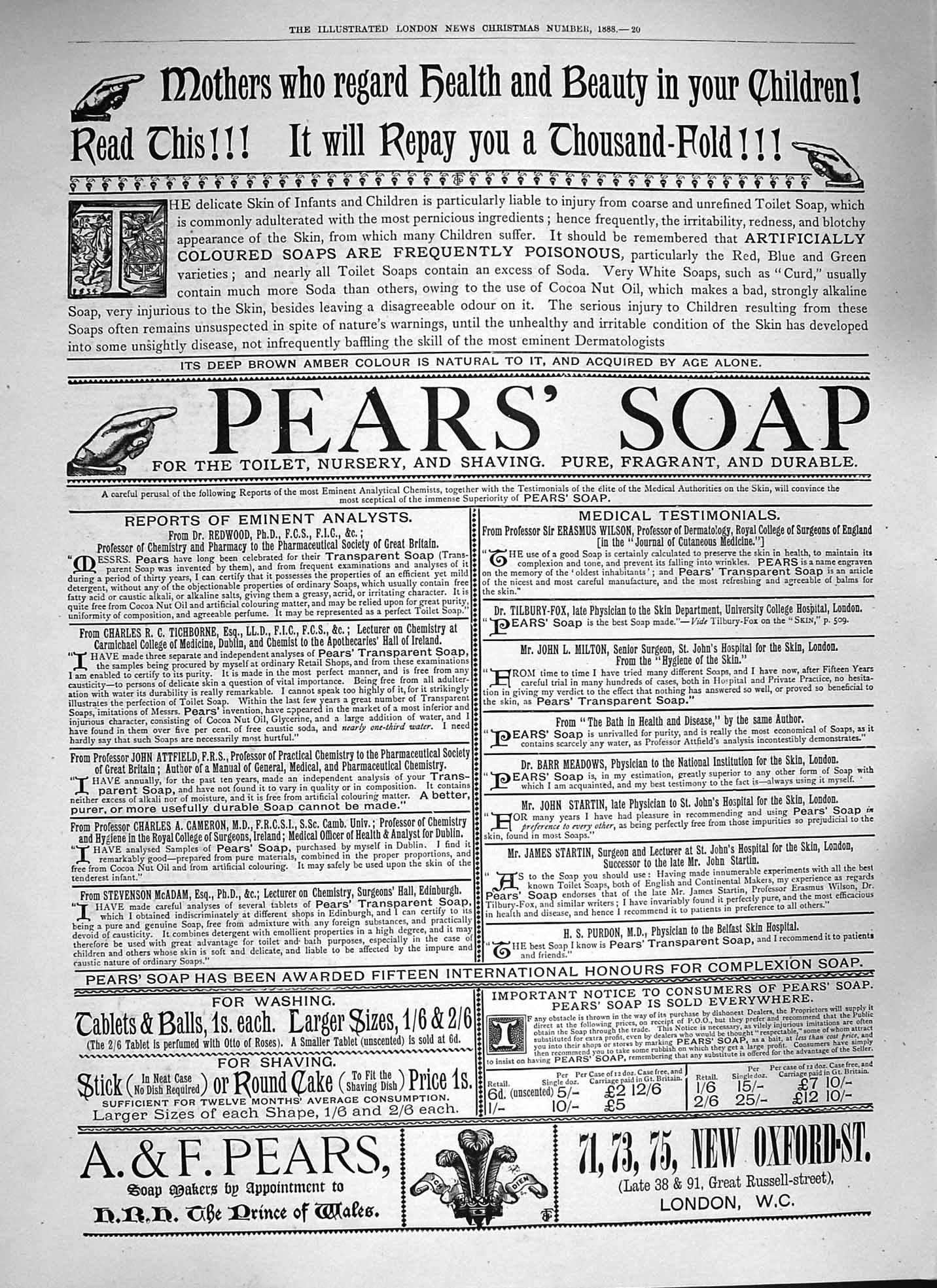 Antique Old Print Ref.151 1888 Advertisement Pears Soap Oxford Street London