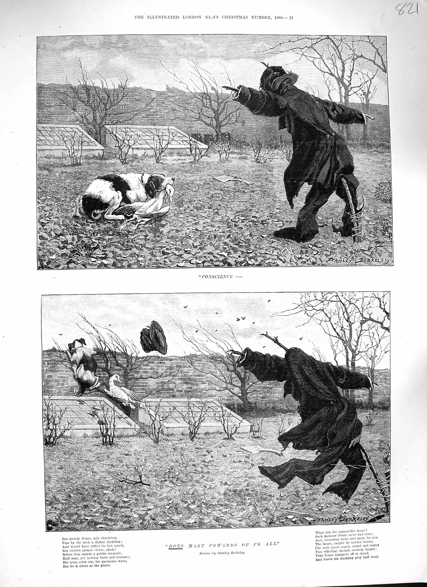 Original Old Antique Print 1888 Scarecrow Dog Duckling Ponto Berkeley Fine Art
