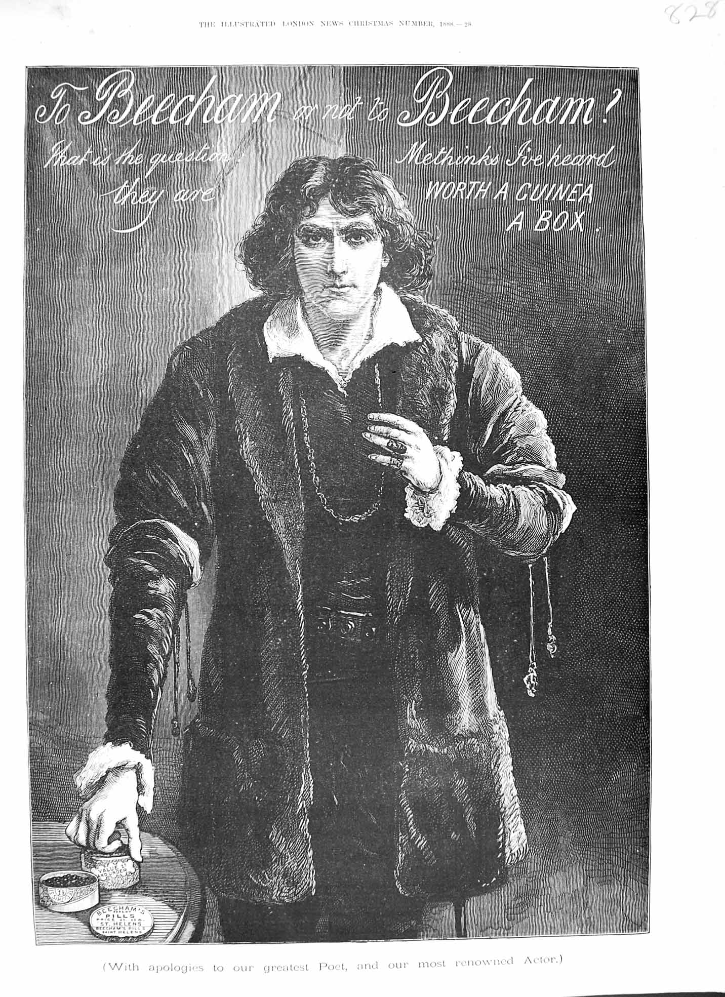 Old Antique Print 1888 Advertisement Beechams Pills Poet Actor Fine Art 19th