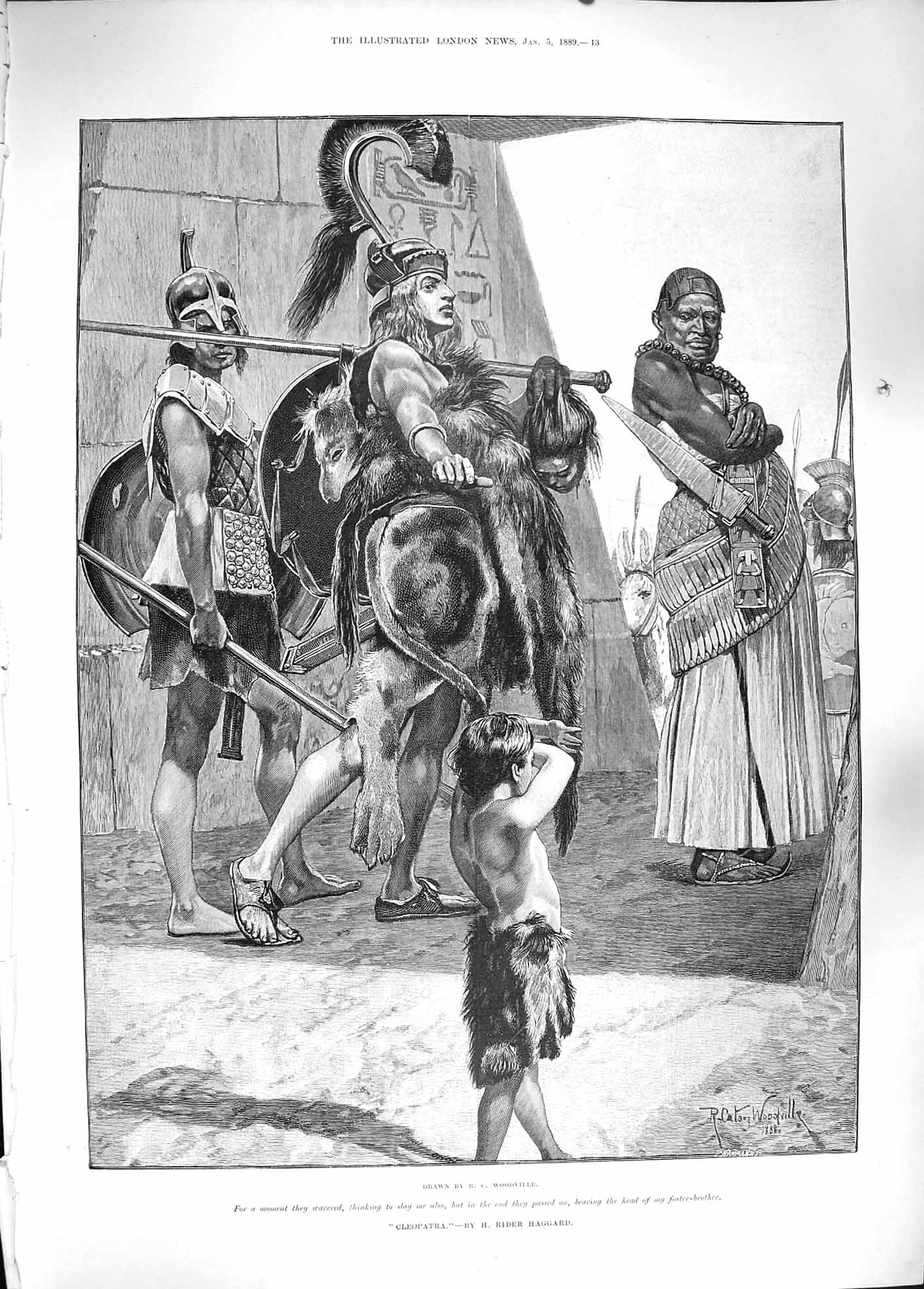 Original Old Antique Print 1889 Cleopatra Little Boy Egyptian Man Weapons 19th