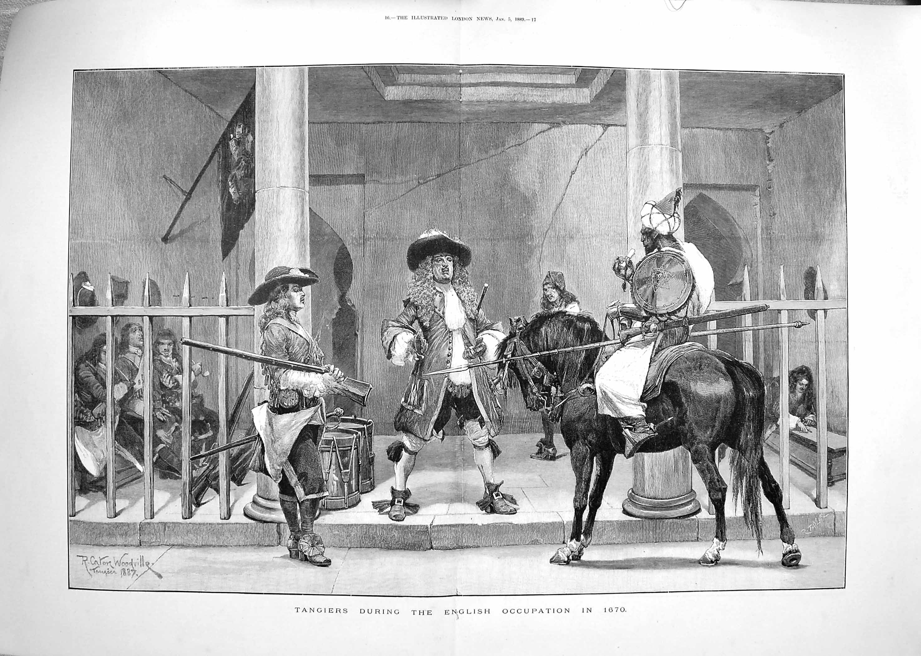 Original Old Antique Print 1889 Scene Tangiers English Occupation Men Weapons 0