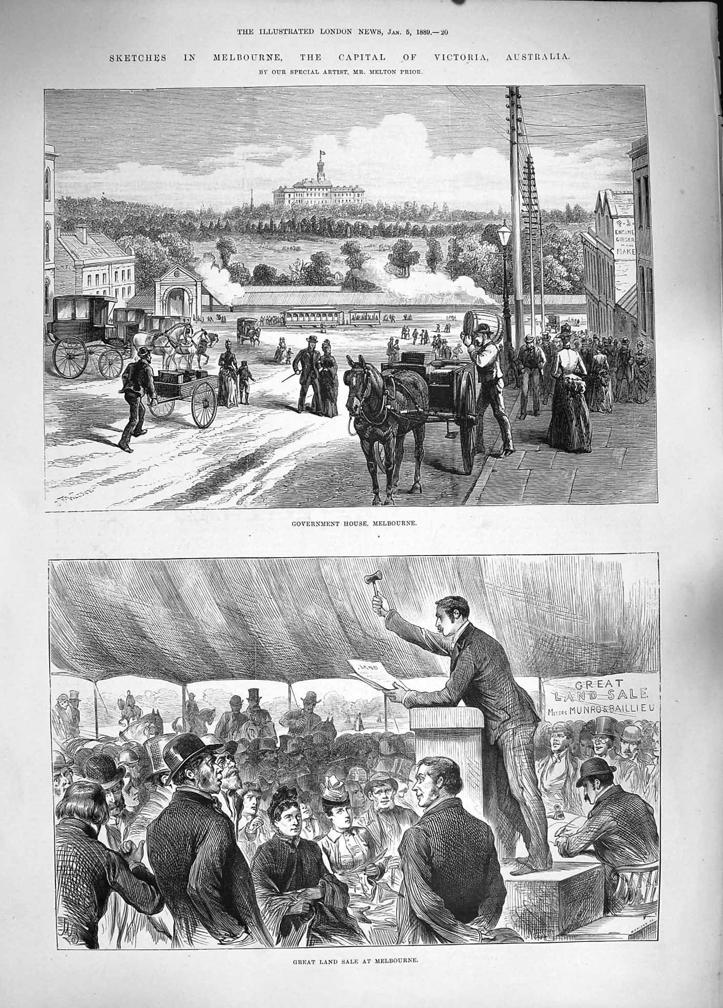 Original Old Antique Print 1889 Government House Melbourne Land Sale Australia