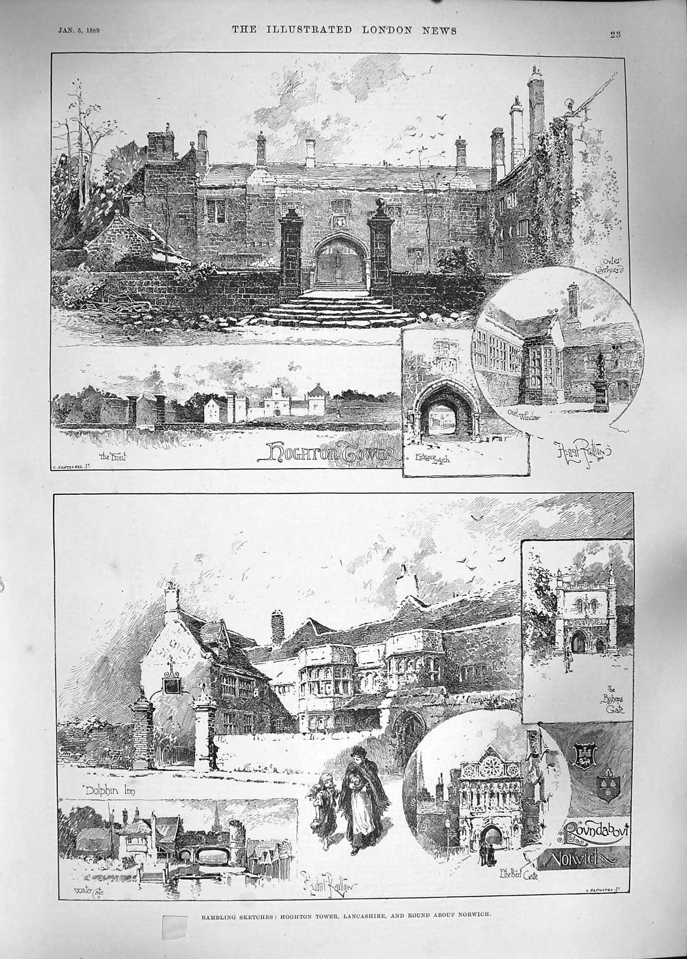 Original Old Antique Print 1889 Hoghton Tower Lancashire Norwich Archi Victorian