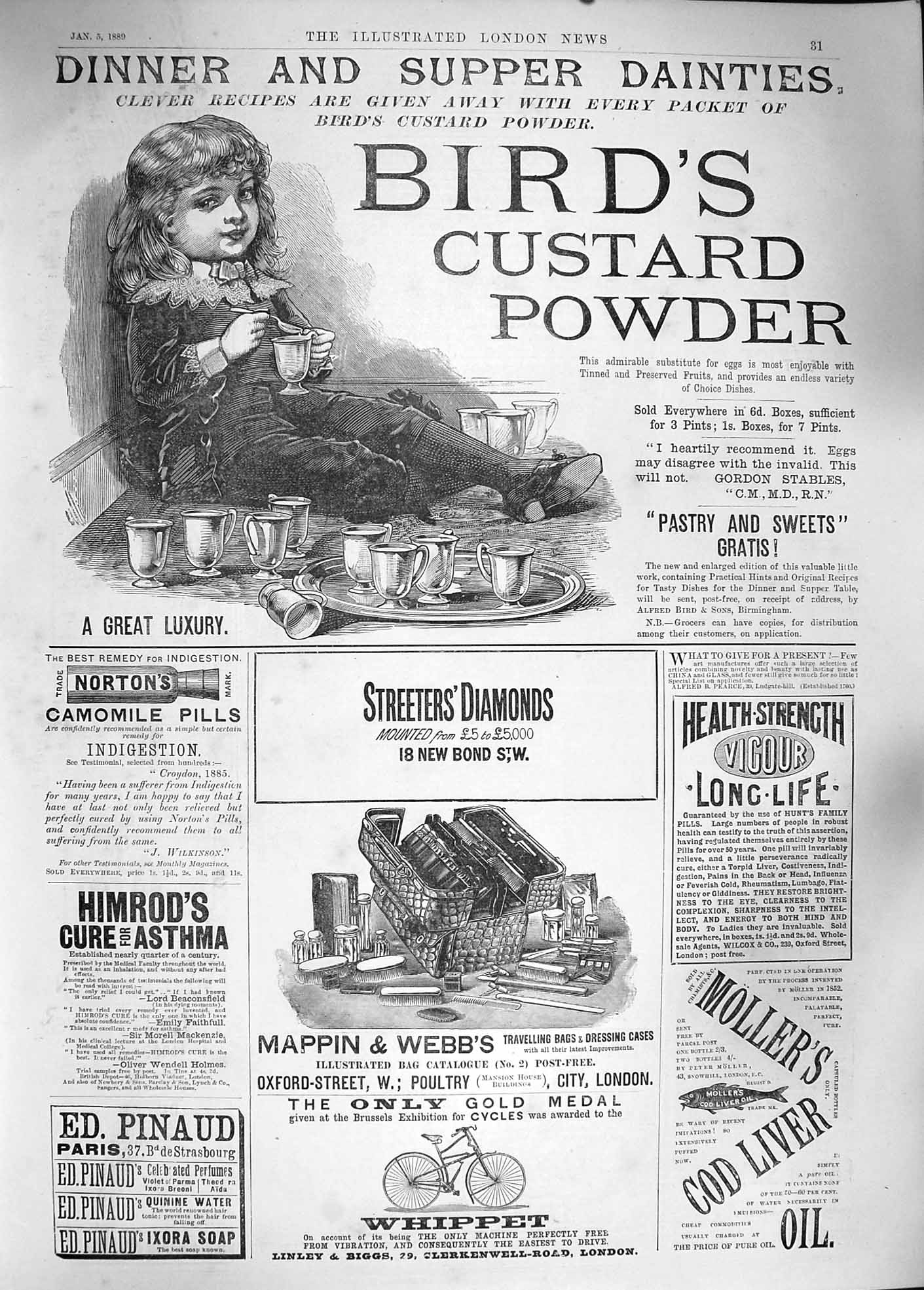 Old Antique Print 1889 Advertisement Birds Custard Powder Diamonds Cycles 19th