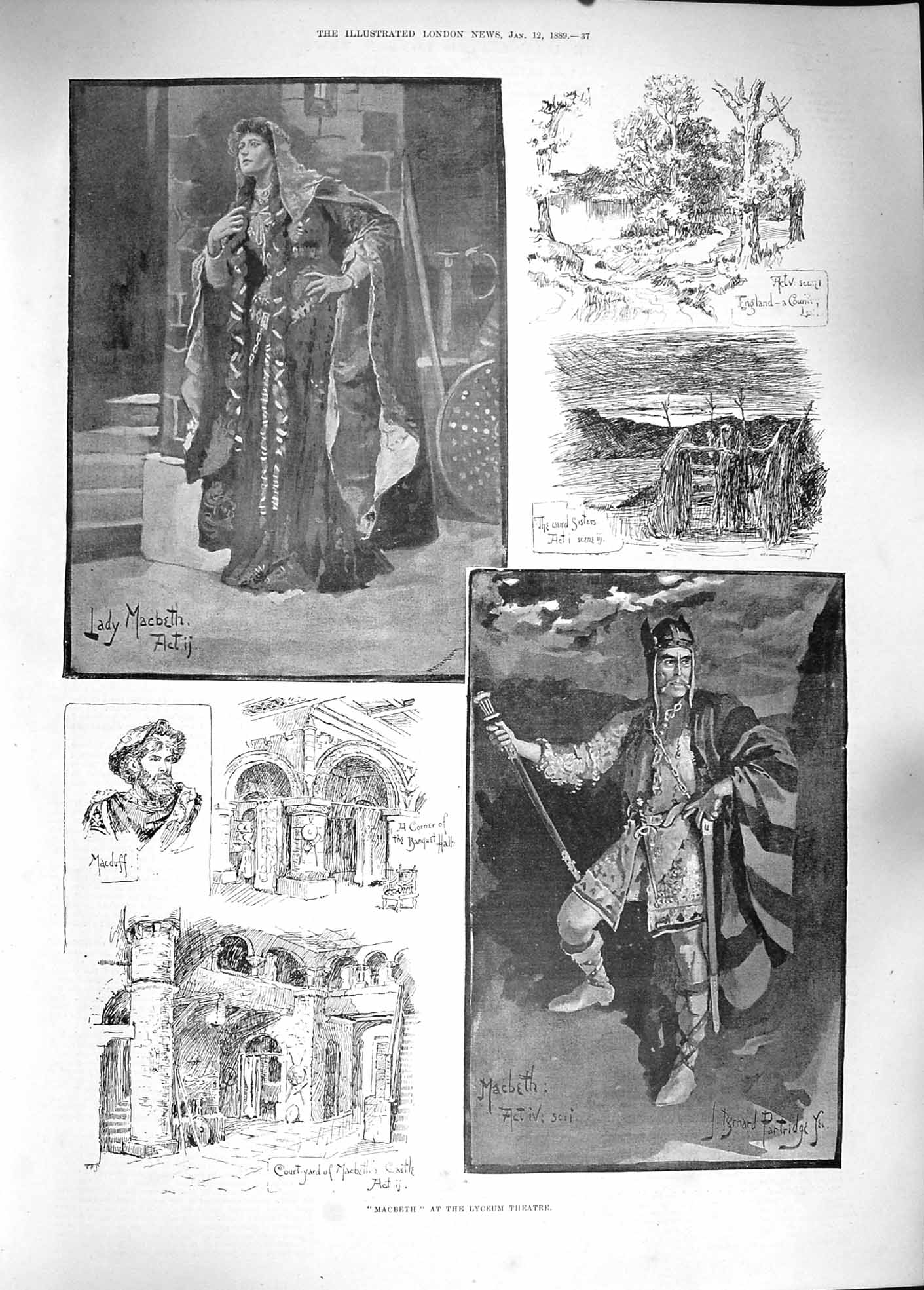Original Old Antique Print 1889 Scene Macbeth Lyceum Theatre Macduff Cast 19th