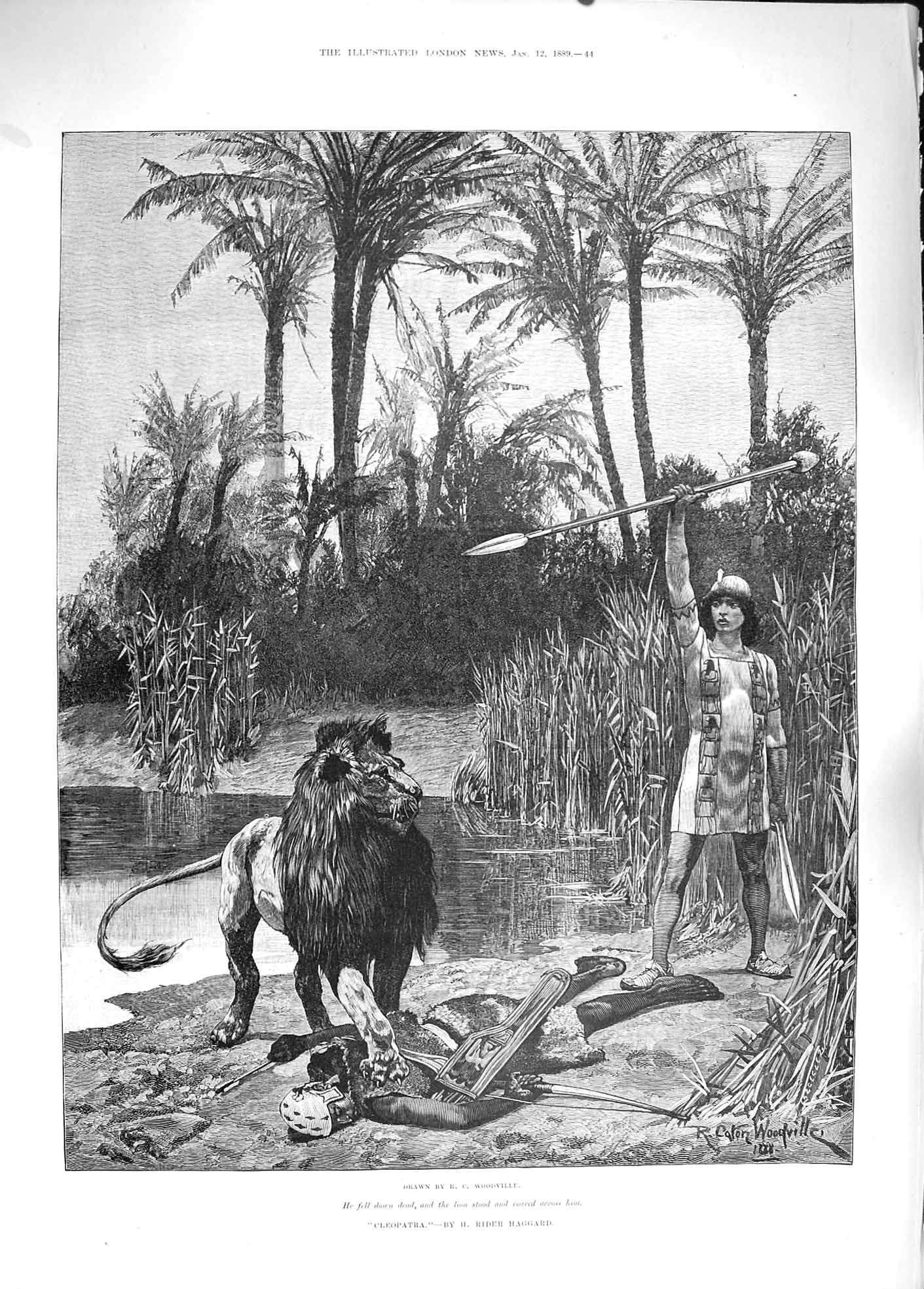 Old Antique Print 1889 Cleopatra Man Killed Lion Spear Woodville Fine Art 19th