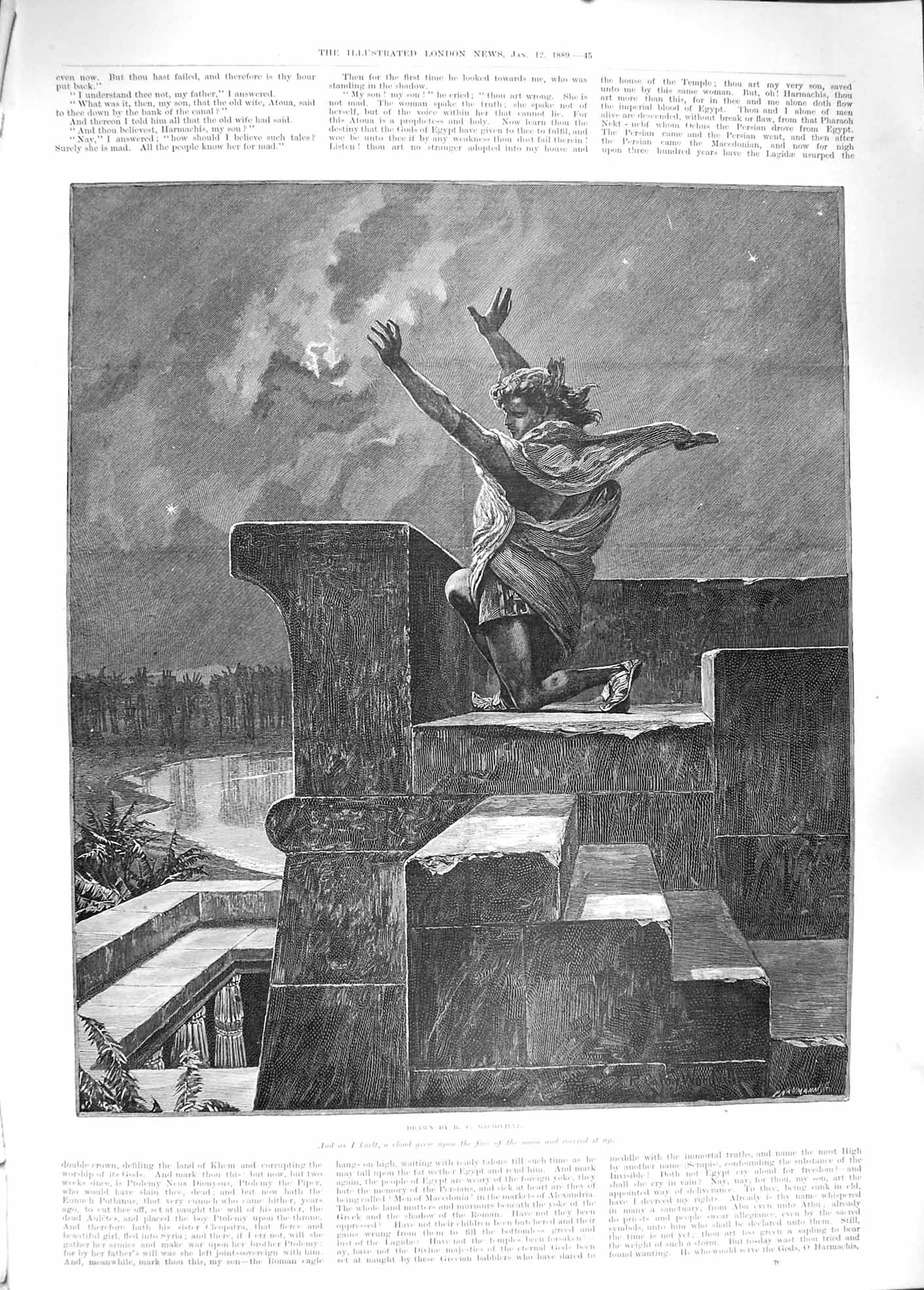 Original Old Antique Print 1889 Woodville Fine Art Man RoMoon Sky Egypt 19th