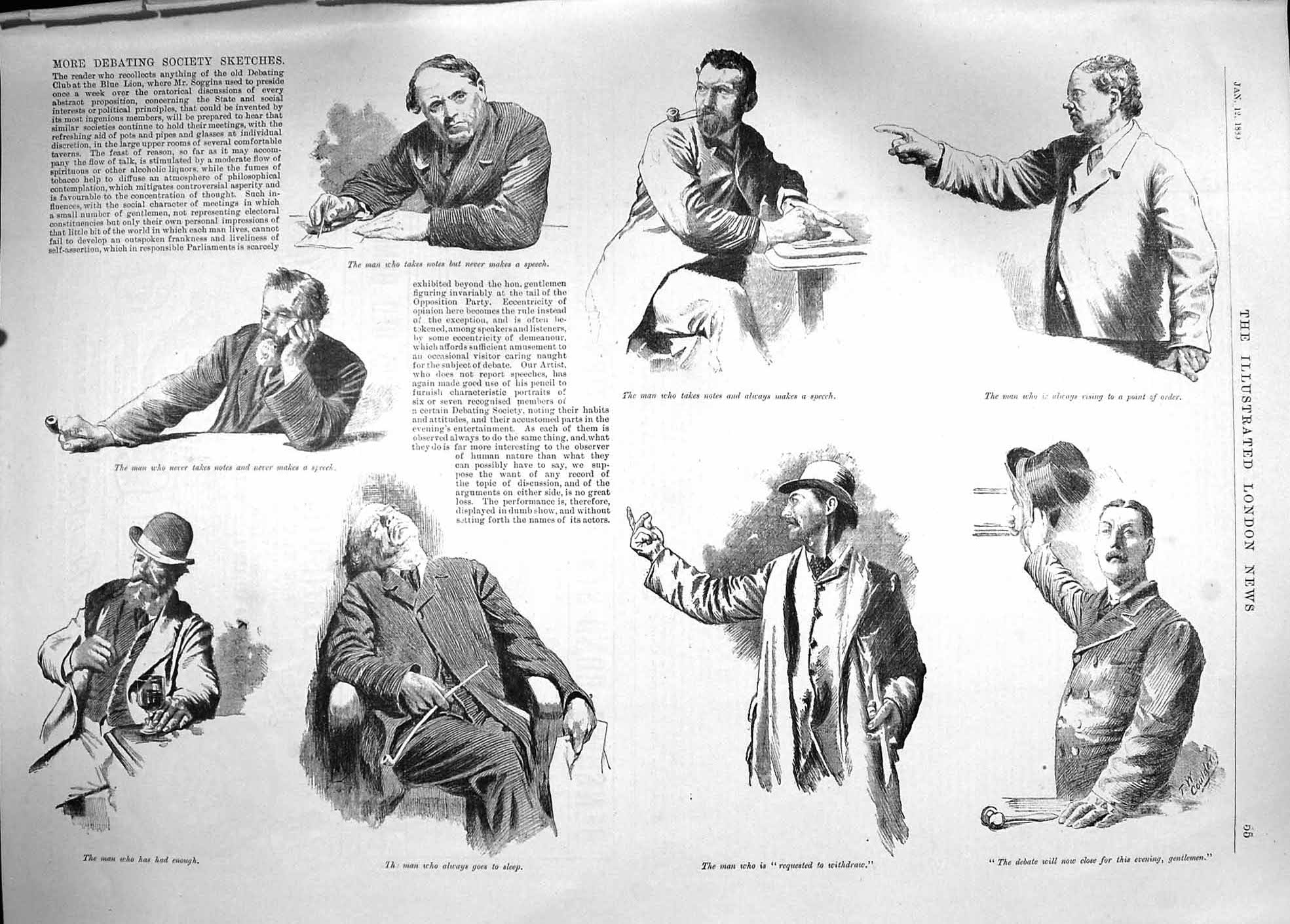 Original Old Antique Print 1889 Debating Society Sketches Men Blue Lion Soggins