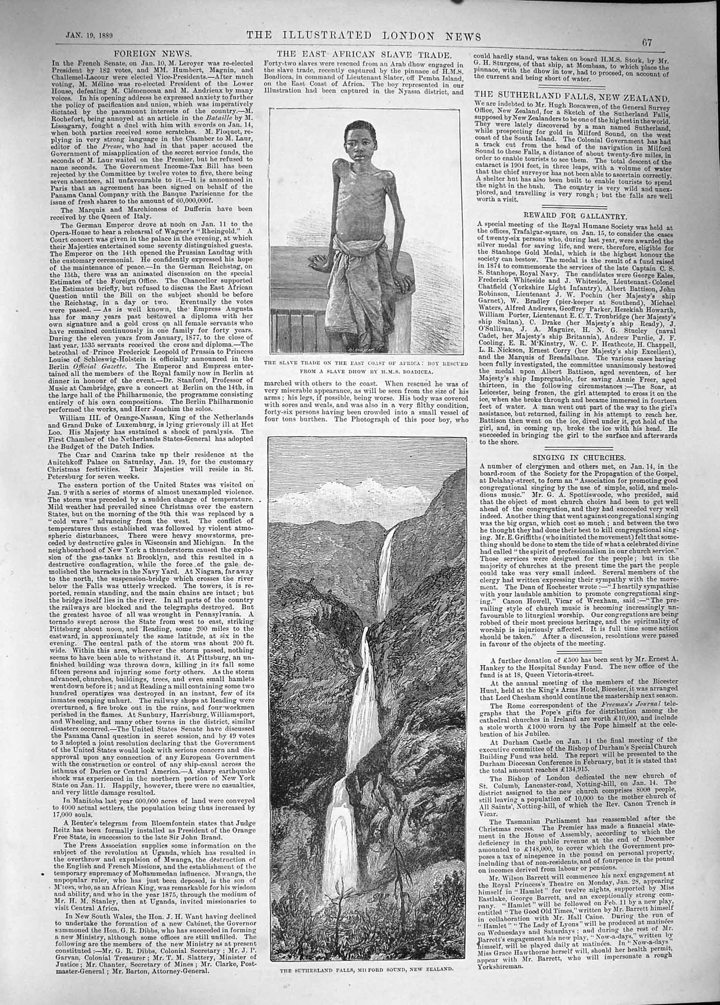 Old Antique Print 1889 Slave Africa Sutherland Falls Zealand Wildfowl Net 19th
