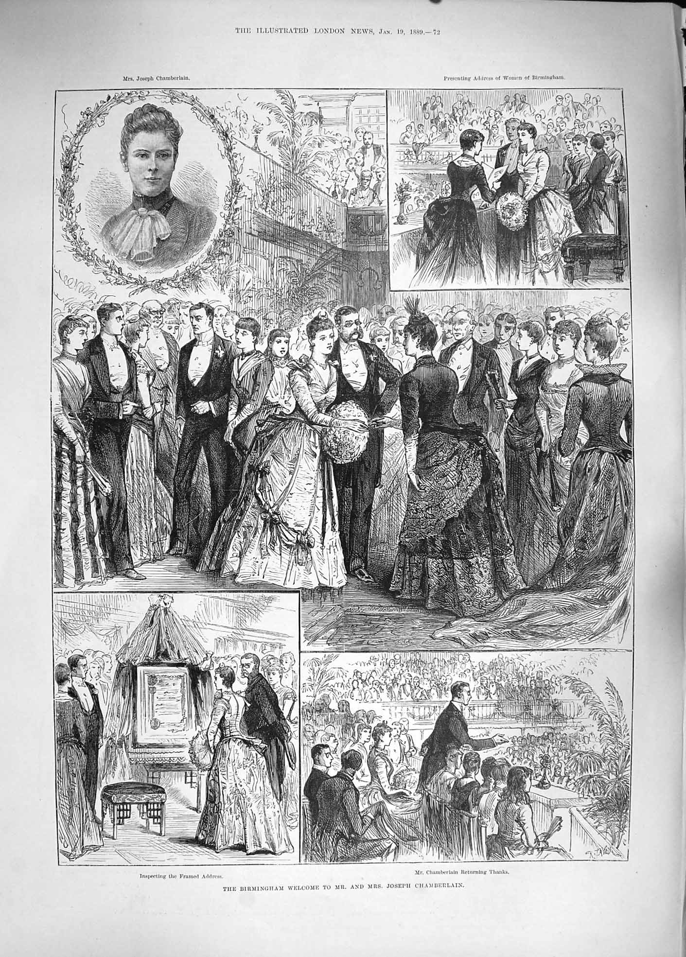 Original Old Antique Print 1889 Birmingham Joseph Chamberlain O'Brien Lyttelton