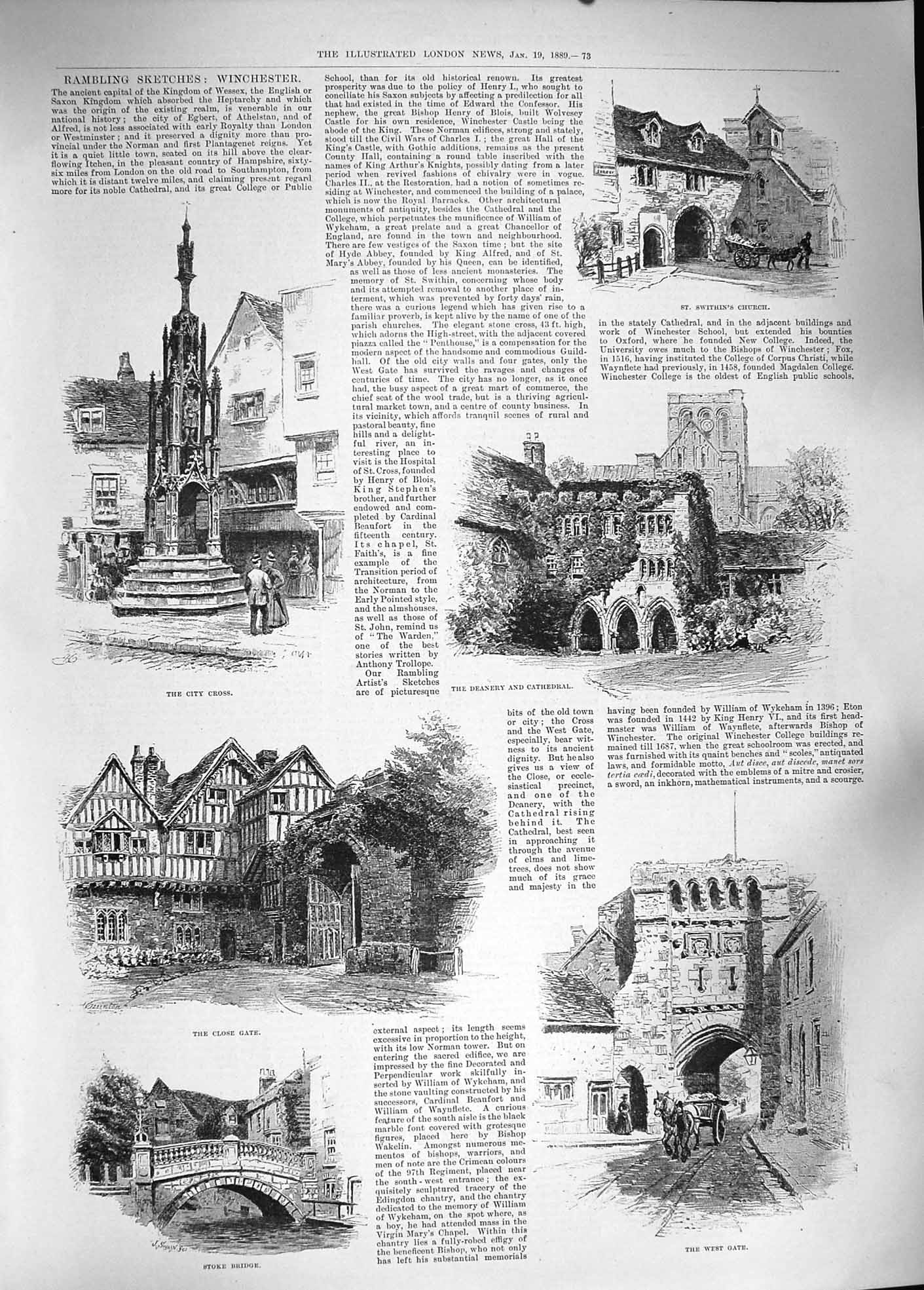 Original Old Antique Print 1889 Winchester Church Cathedral Stoke Bridg 19th