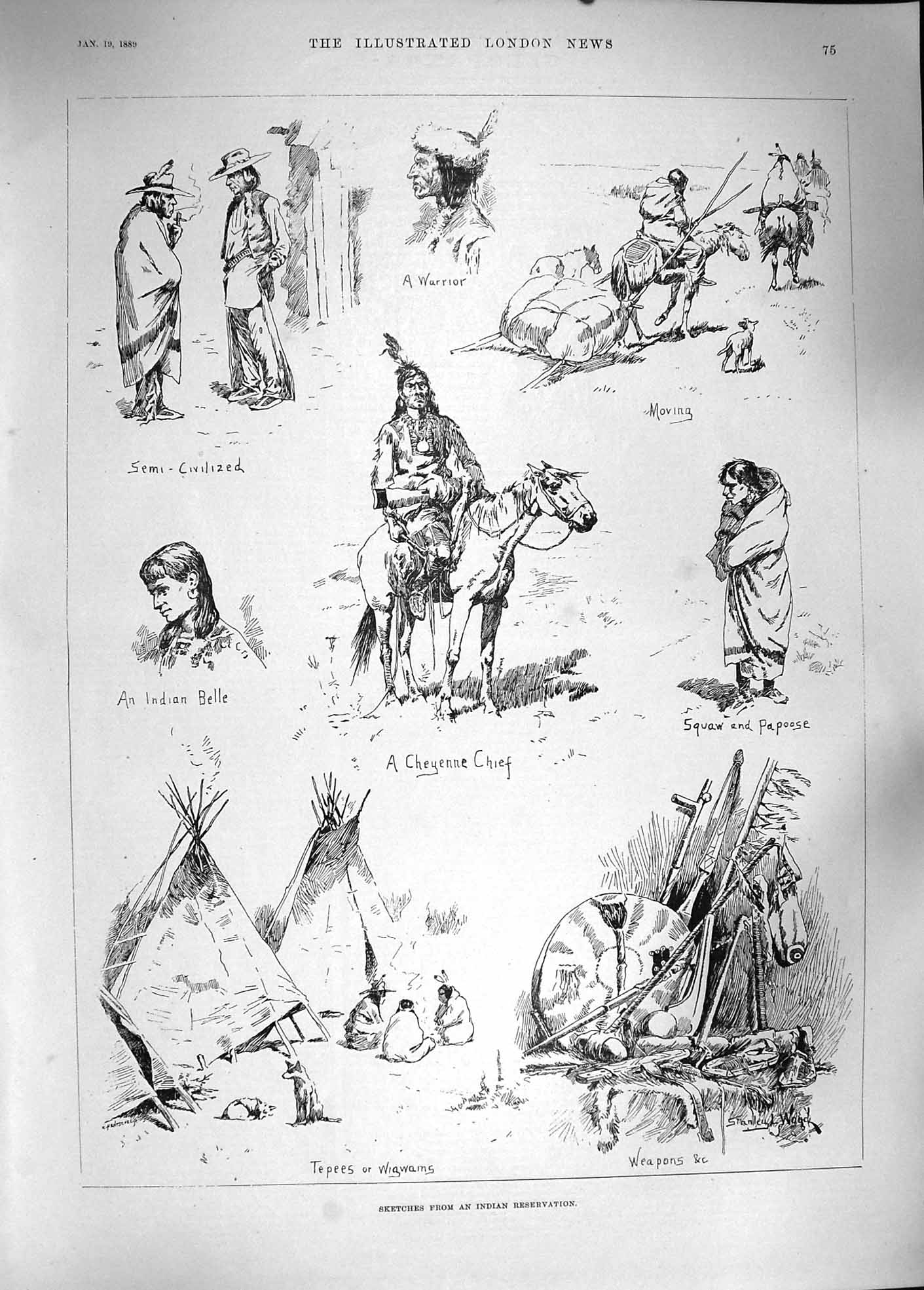 Original Old Antique Print 1889 Indian Reservation Cheyenne Chief Squaw Papoose