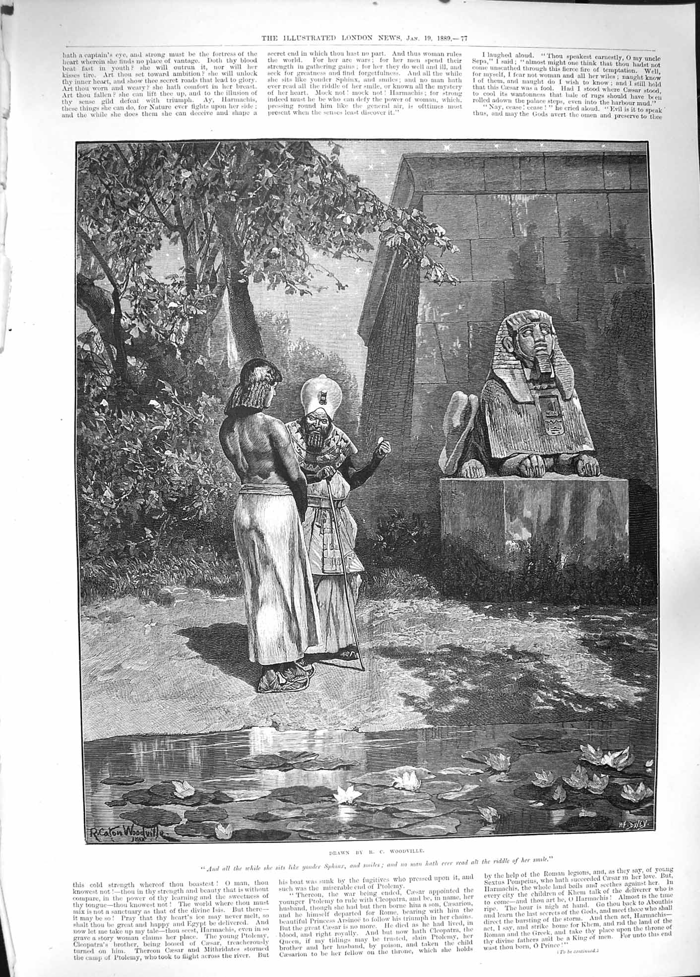 Original Old Antique Print 1889 Cleopatra Roman Sphinx Wo 19th Century
