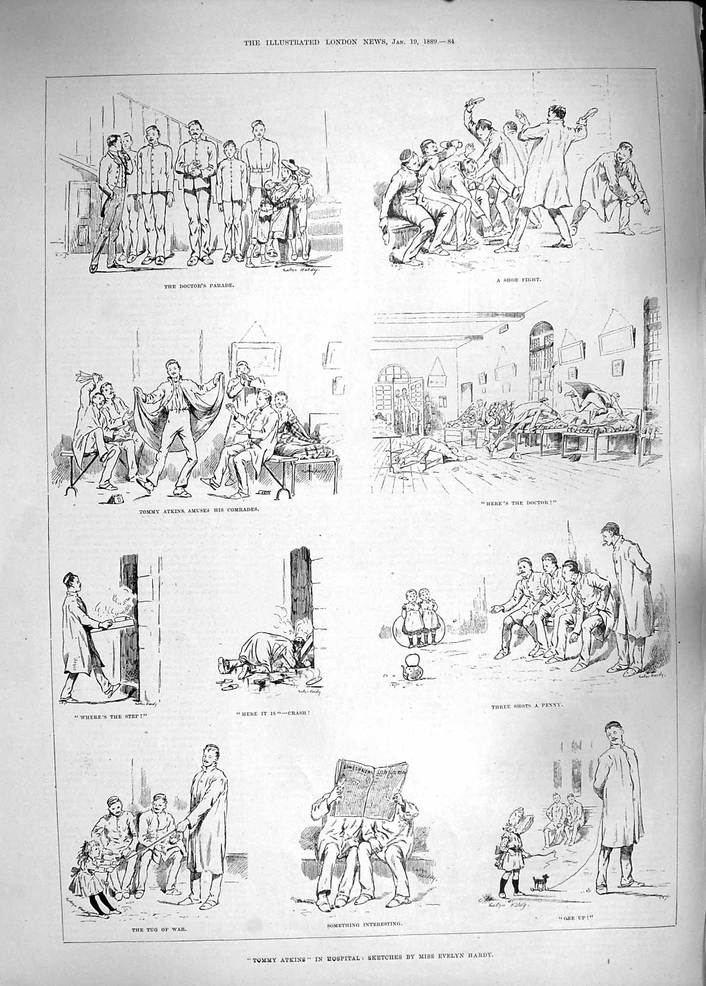 Old Antique Print 1889 Tommy Atkins Hospital Doctors Ward Beds Children 19th