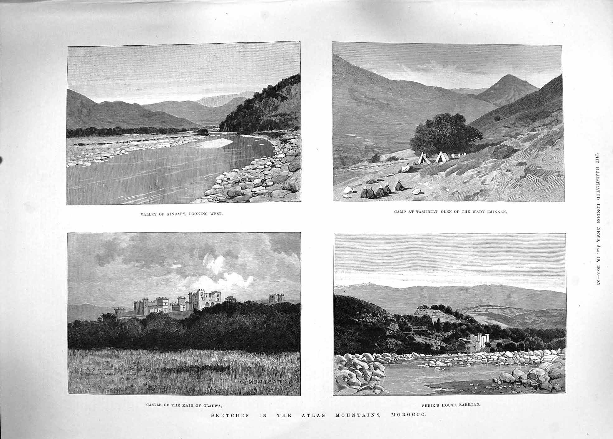 Original Old Antique Print 1889 Atlas Mountains Morocco Gindafy Tashdirt Glauwa