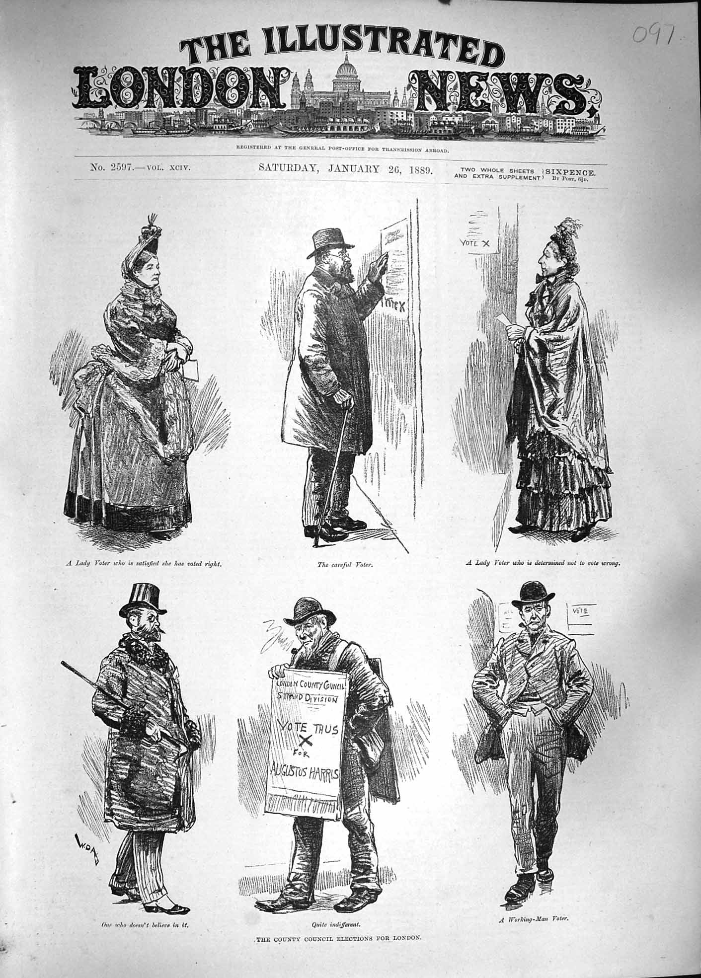 Original Old Antique Print 1889 London County Council Elections Voters 19th