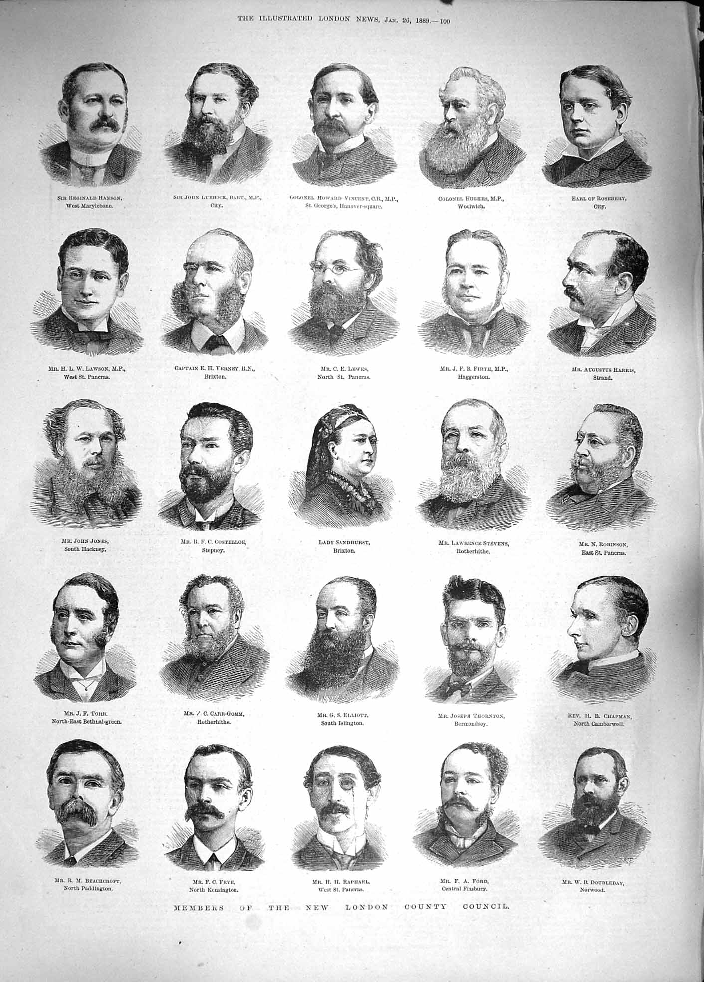 Original Old Antique Print 1889 London Council Elliott Lewes Thornton Chapman