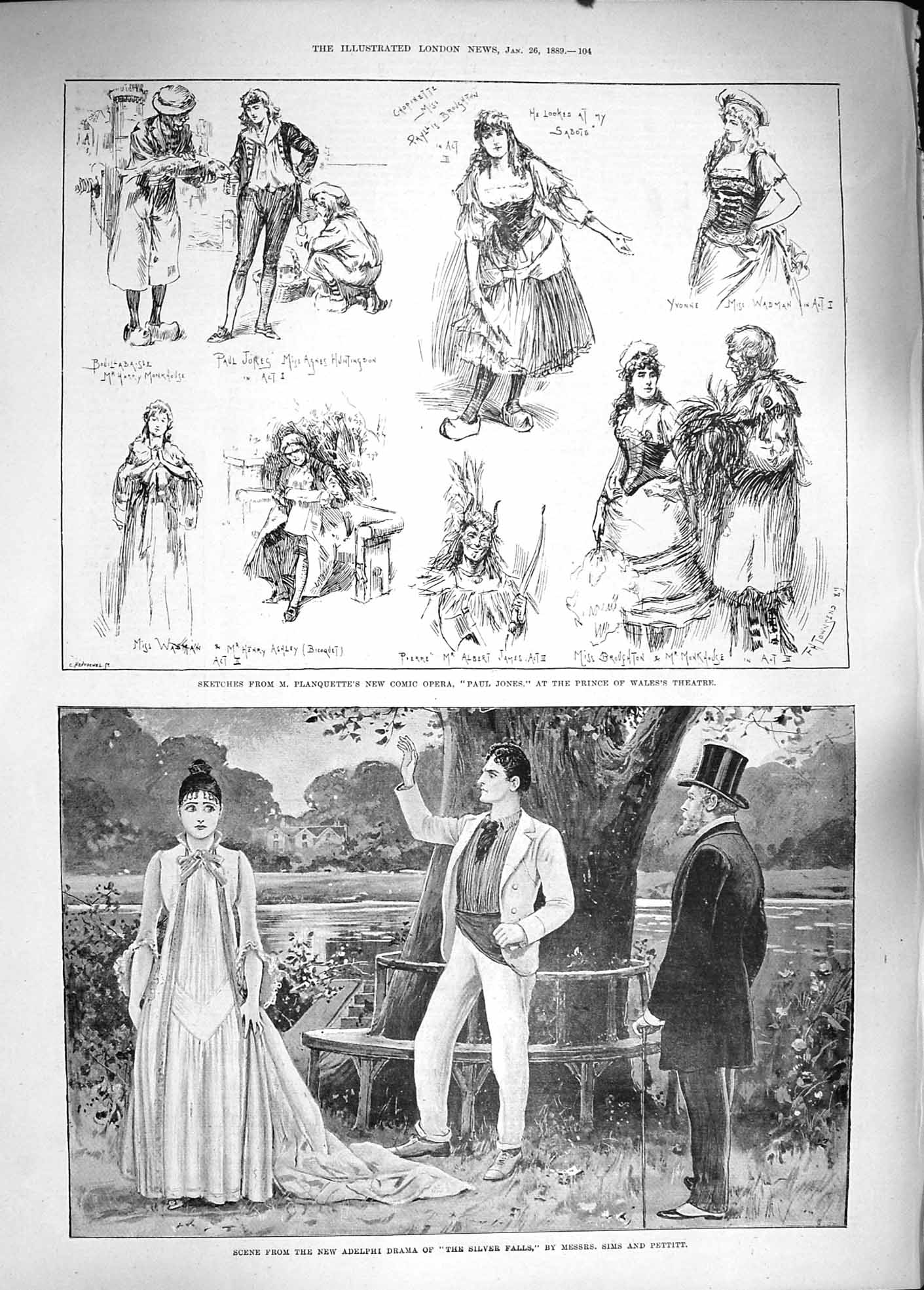 Original Old Antique Print 1889 Adelphi Theatre Silver Falls Opera Pau Victorian